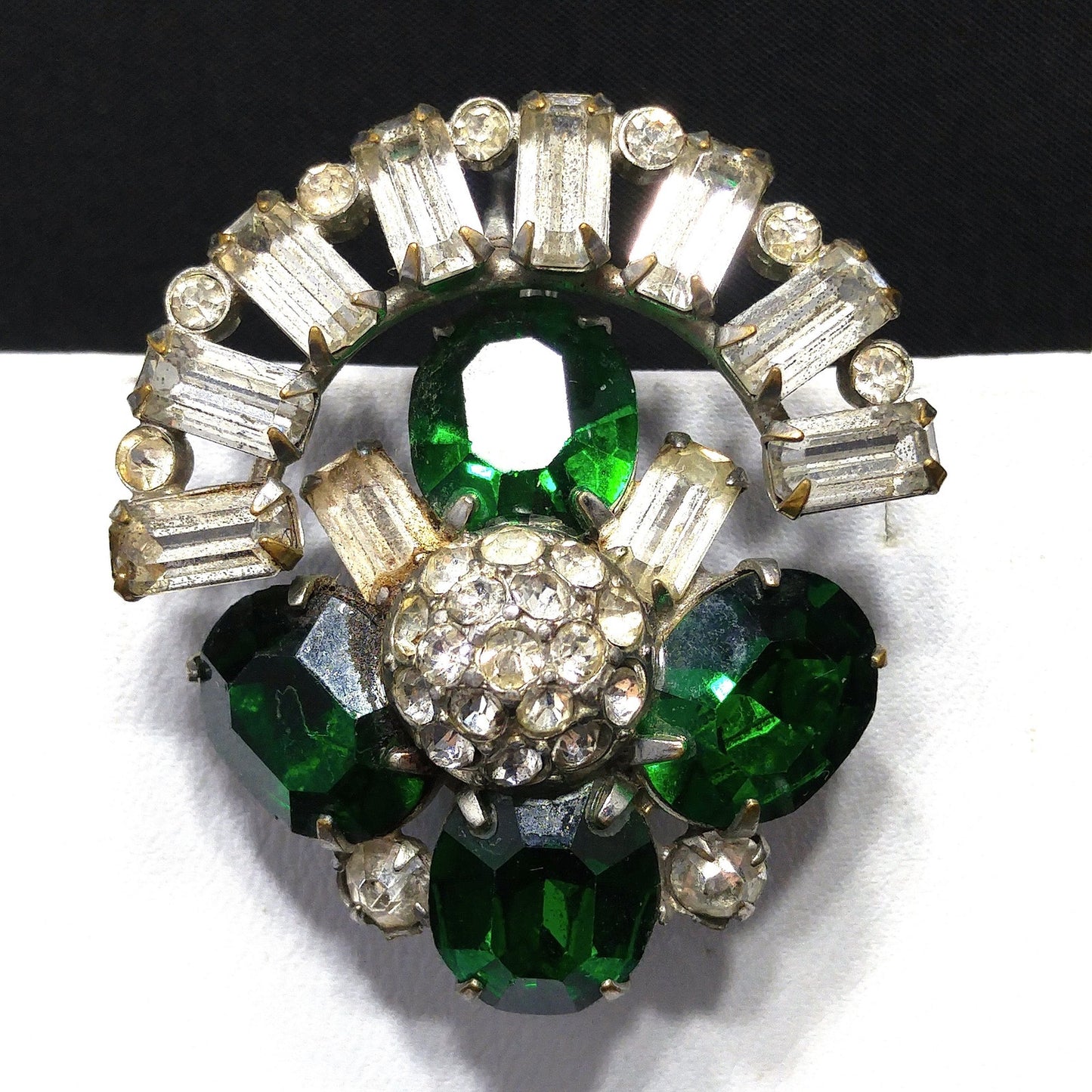 Vintage Green Clear Pendant Brooch Screw-back Earrings, 1940s Vintage Jewelry