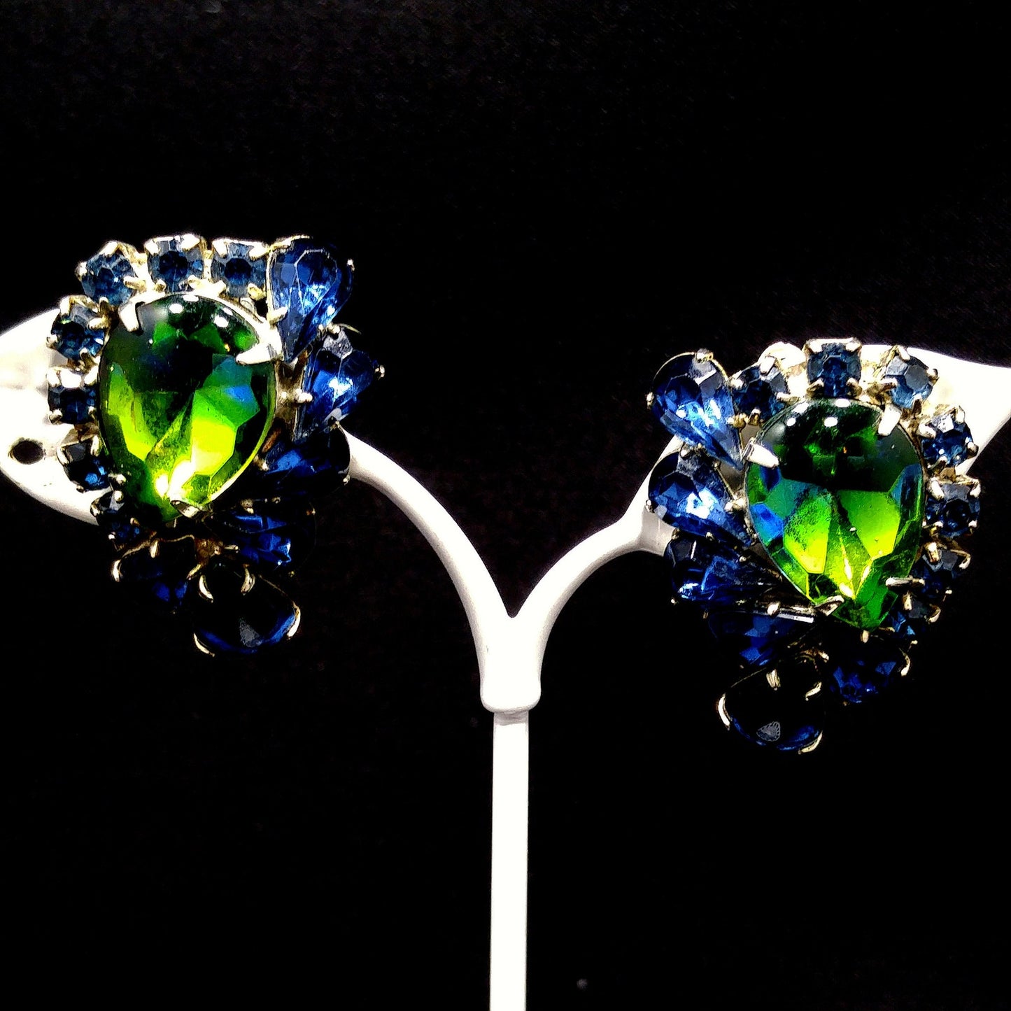 Weiss Blue Green Rhinestone Earrings, Rhodium Plated, 1950s Vintage Jewelry