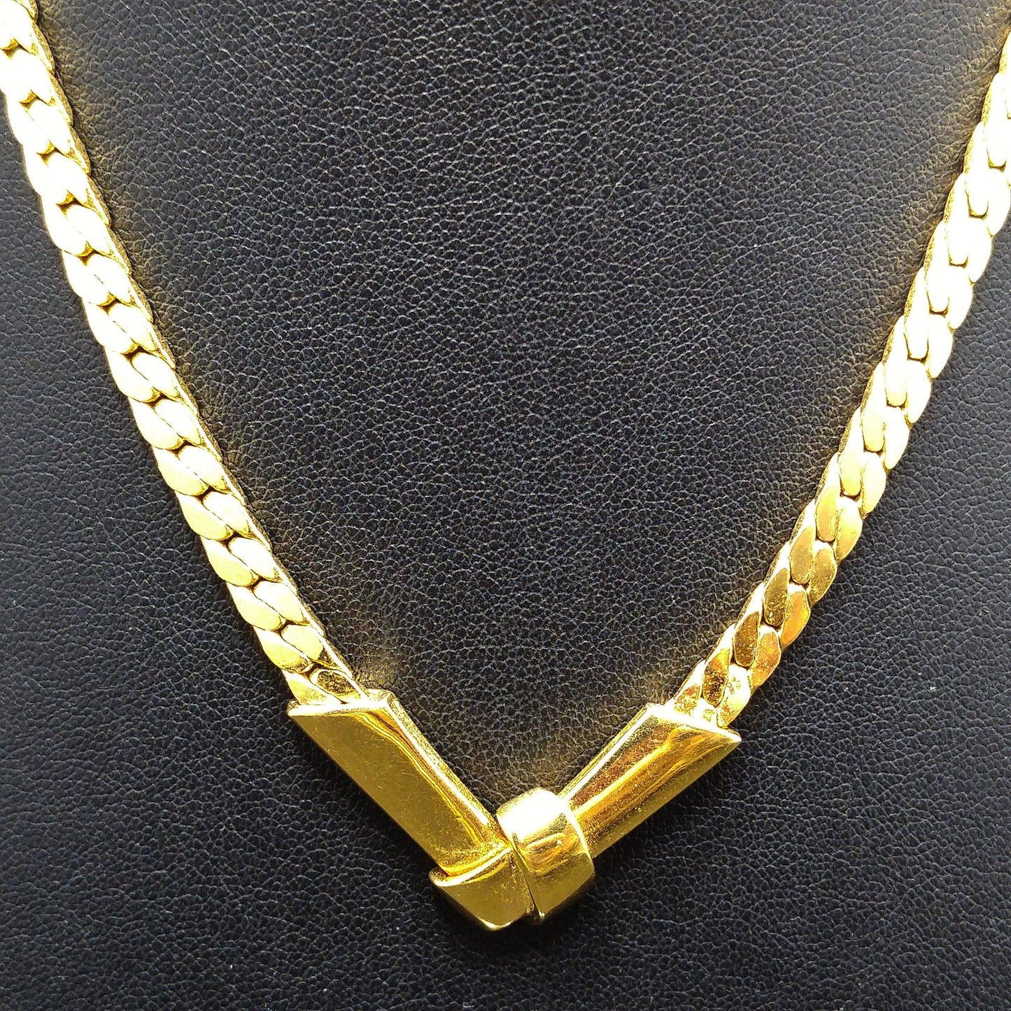 Monet Herringbone Chain Necklace, Gold Plated, V Pendant, 1980s Vintage Jewelry
