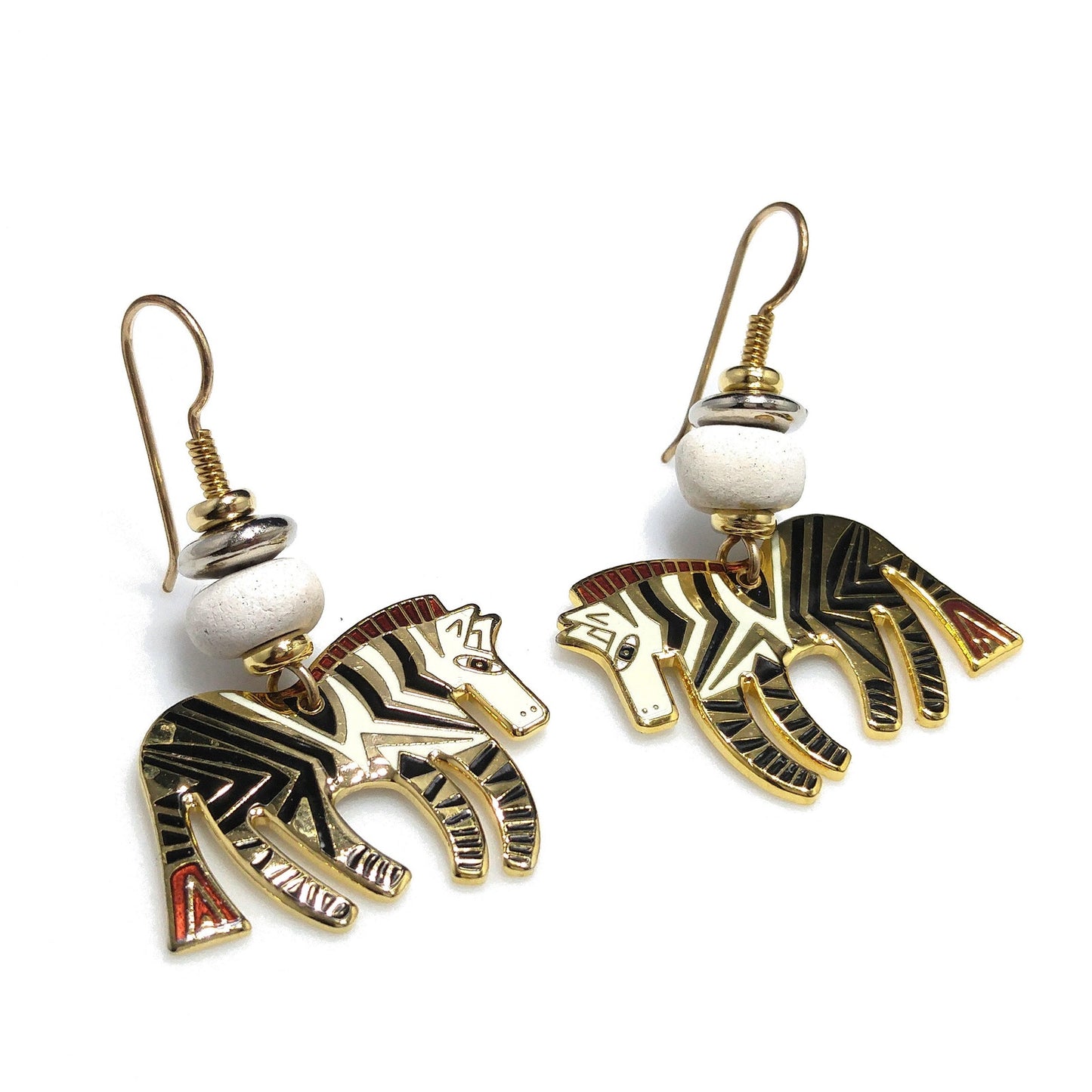 Laurel Burch "Wild Zebra" Earrings, Black White Enamel, Gold Plated, 1980s Vintage Jewelry