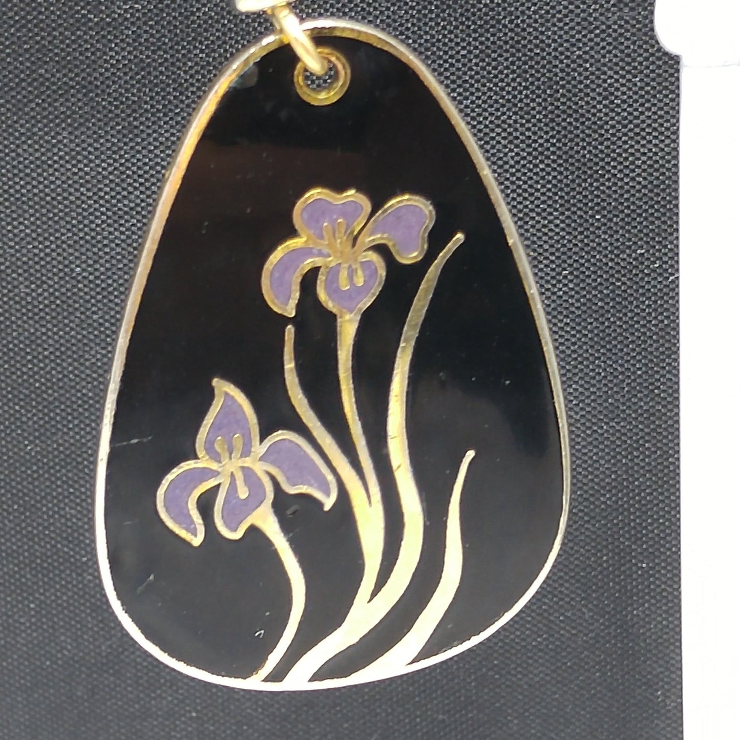 Vintage Laurel Burch Black Enamel Purple Lily Earrings, Gold Plated