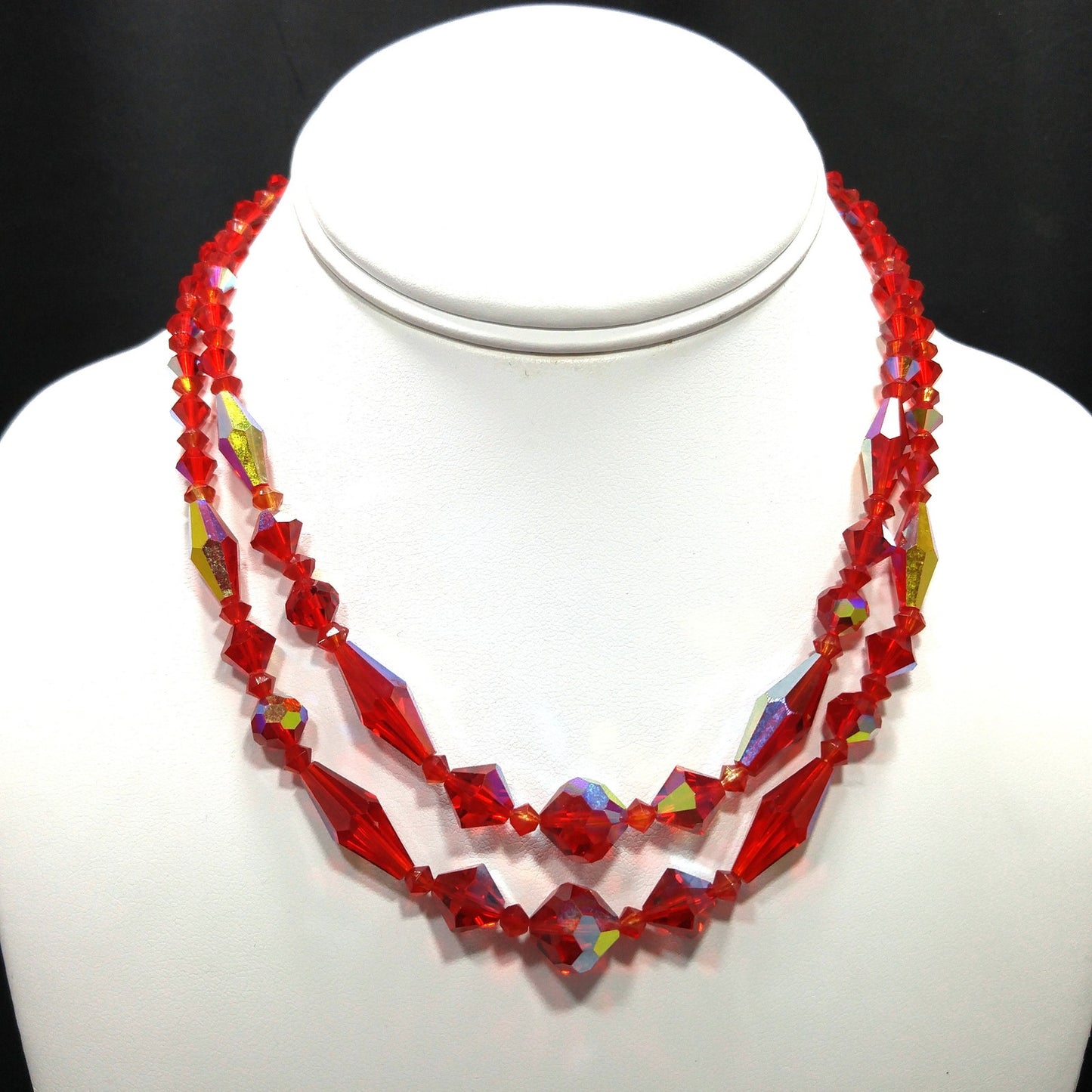 Red Aurora Borealis Crystal Beaded Necklace, Two Strands, 1950s Vintage Jewelry