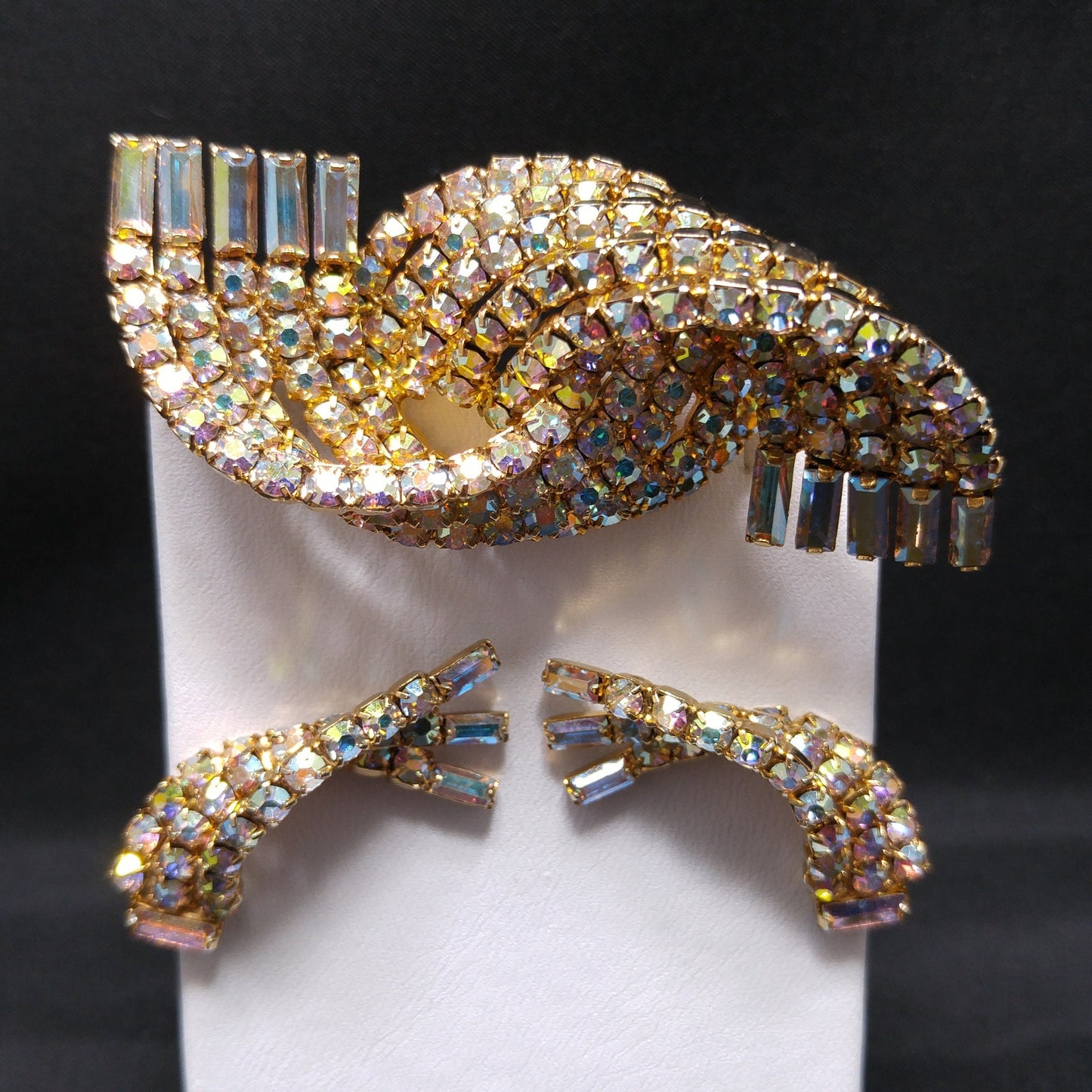 Mid-century Modern AB Rhinestone Brooch Earrings, Gold Plated, 1960s Vintage Jewelry