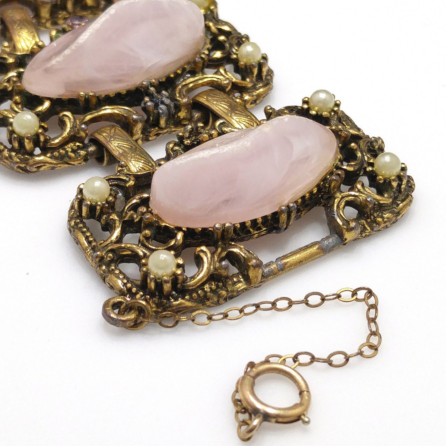 Vintage Chunky Art Glass Wide Bracelet, Pink Glass, 1940s 1950s Vintage Jewelry
