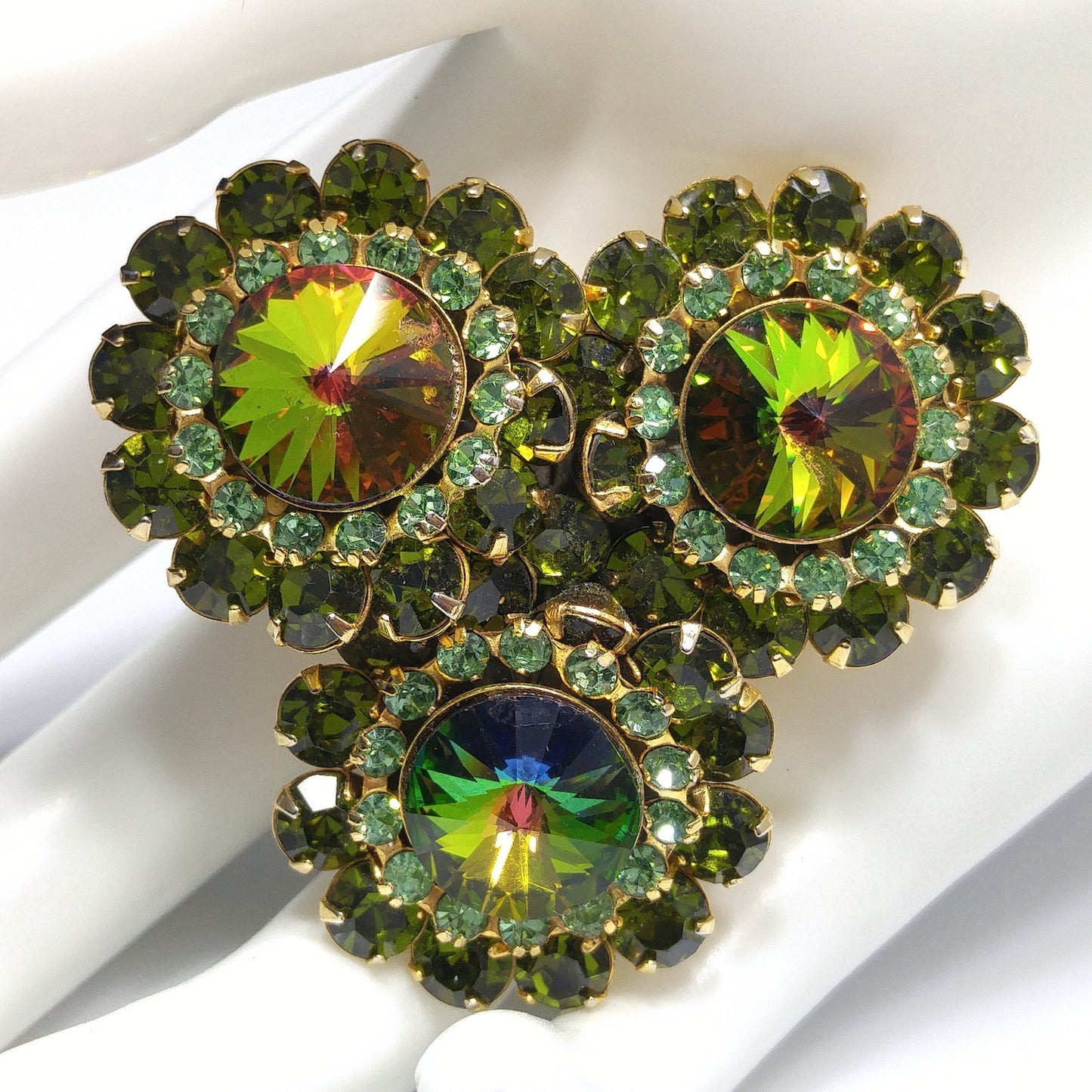 Green Watermelon Rivoli Rhinestone Brooch, Uranium Glass Rhinestones, 1960s Vintage Jewelry