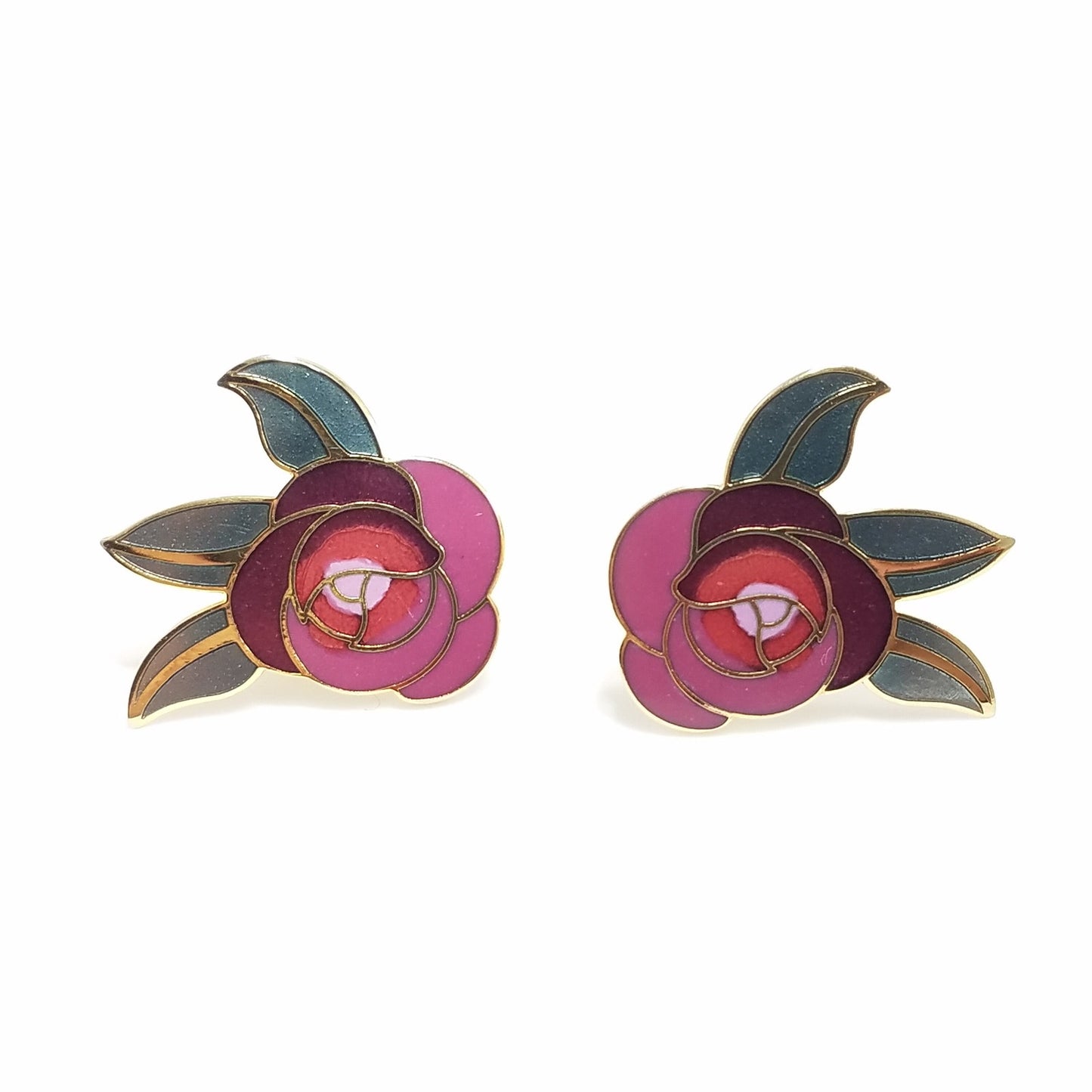Vintage Laurel Burch "Deco Rose" Earrings, Gold Cloisonne Posts, Gold Plated