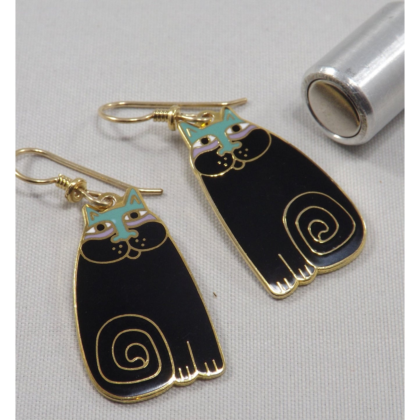 Laurel Burch "Olivia" Cat Earrings, Gold Plated, Black Enamel, 1980s Vintage