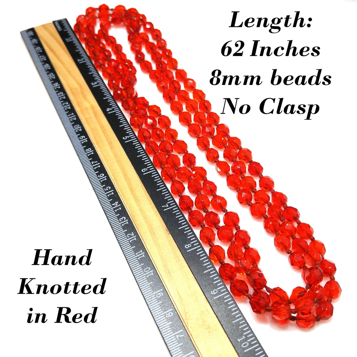 Vintage Red Crystal Hand Knotted Long Necklace, 62 Inches, No Clasp, 1960s Vintage Jewelry