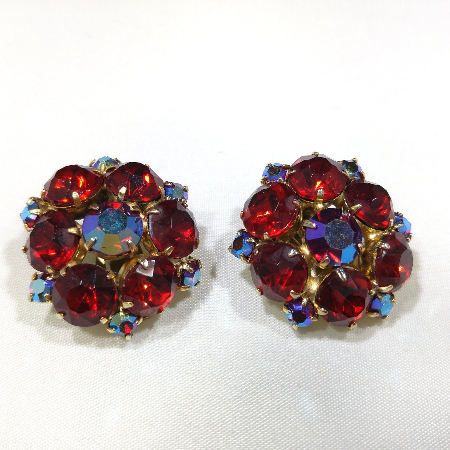 Red Rhinestone Aurora Borealis Brooch Earrings Set, Gold Plated, 1960s Vintage Jewelry