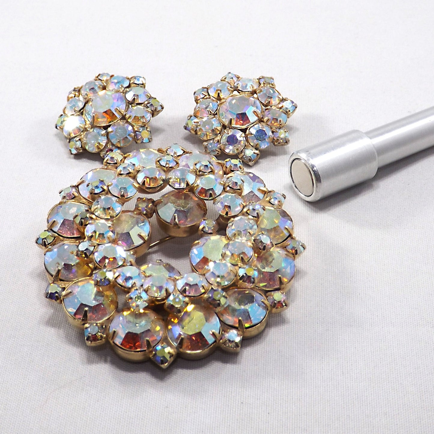 Vintage Unsigned Juliana or Weiss Brooch Earrings Set, Gold Plated, 1960