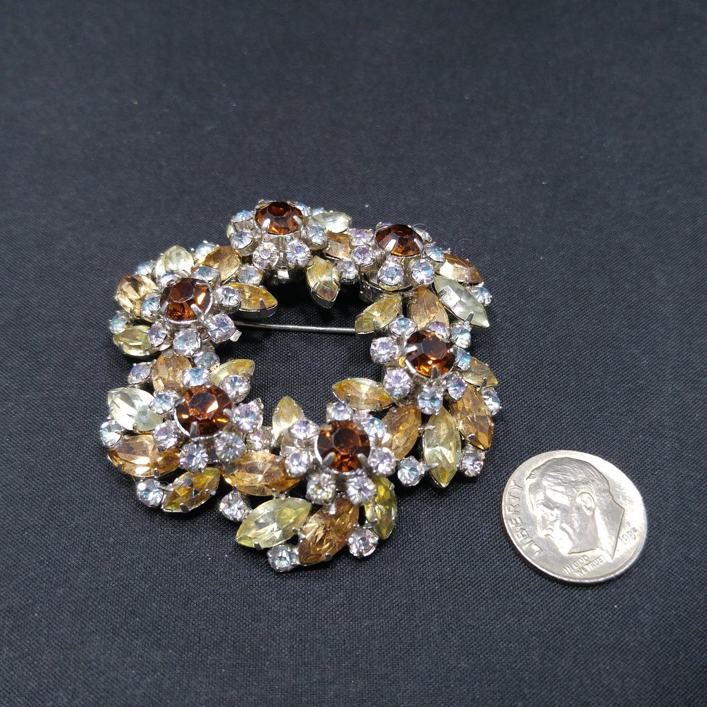 Austrian Floral Wreath Crystal Brooch, Rhodium Plated, 1960s Vintage Jewelry