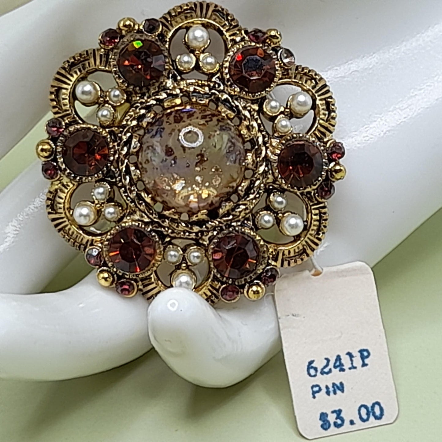 Vintage Weiss Fire Opal Dragons Breath Topaz Brooch Pendant, Faux Pearls, 1960s