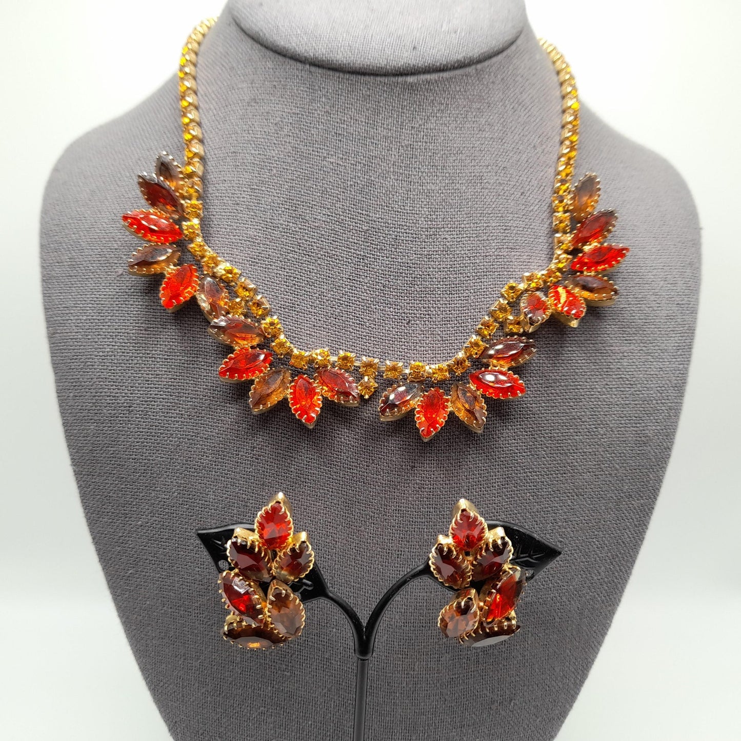 Vintage Orange Topaz Rhinestone Necklace Earrings Set, Gold Plated, 1960s