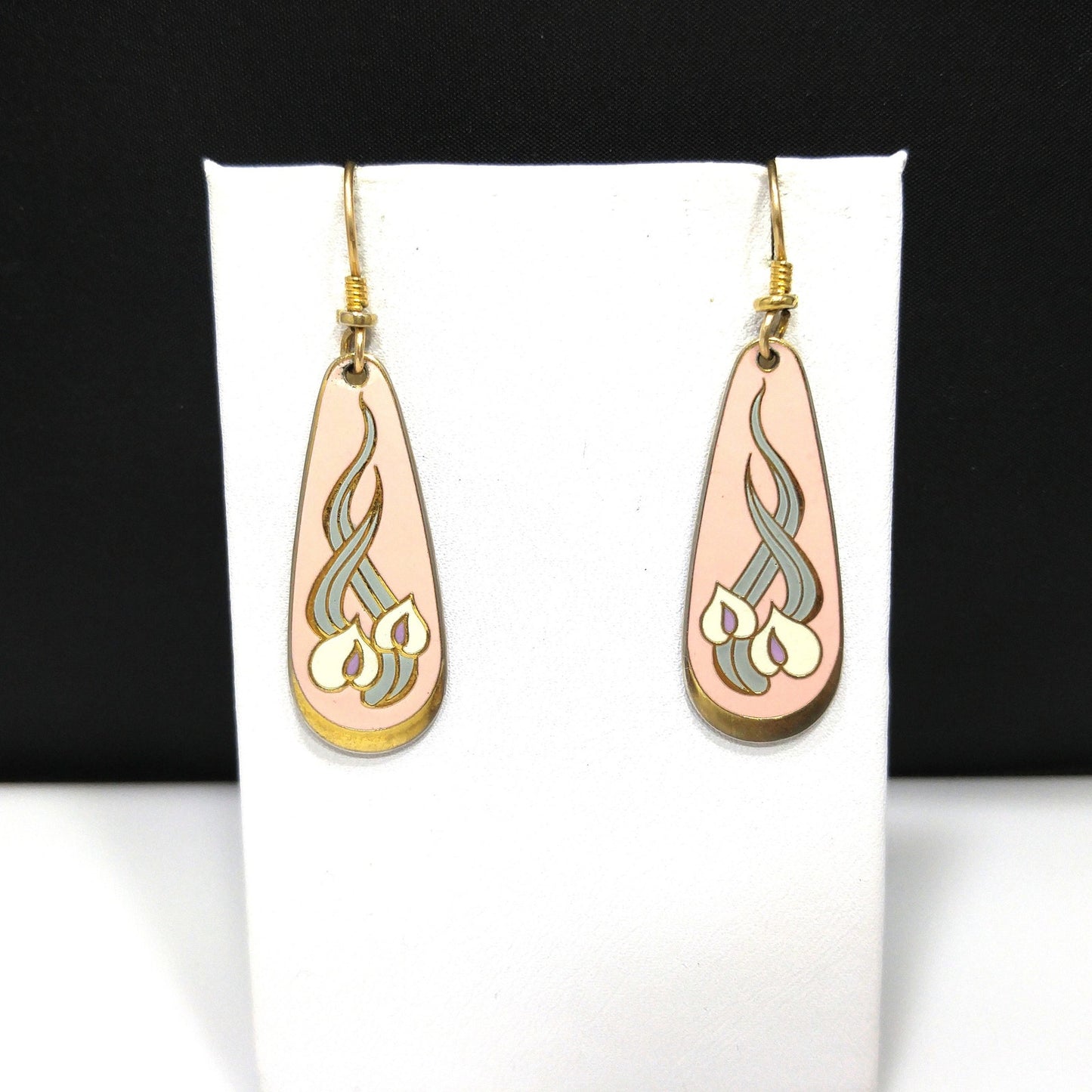 Laurel Burch "Wild Anthurium" Pink Dangle Earrings, Gold Plated, Cloisonné Enamel, 1980s Vintage Jewelry