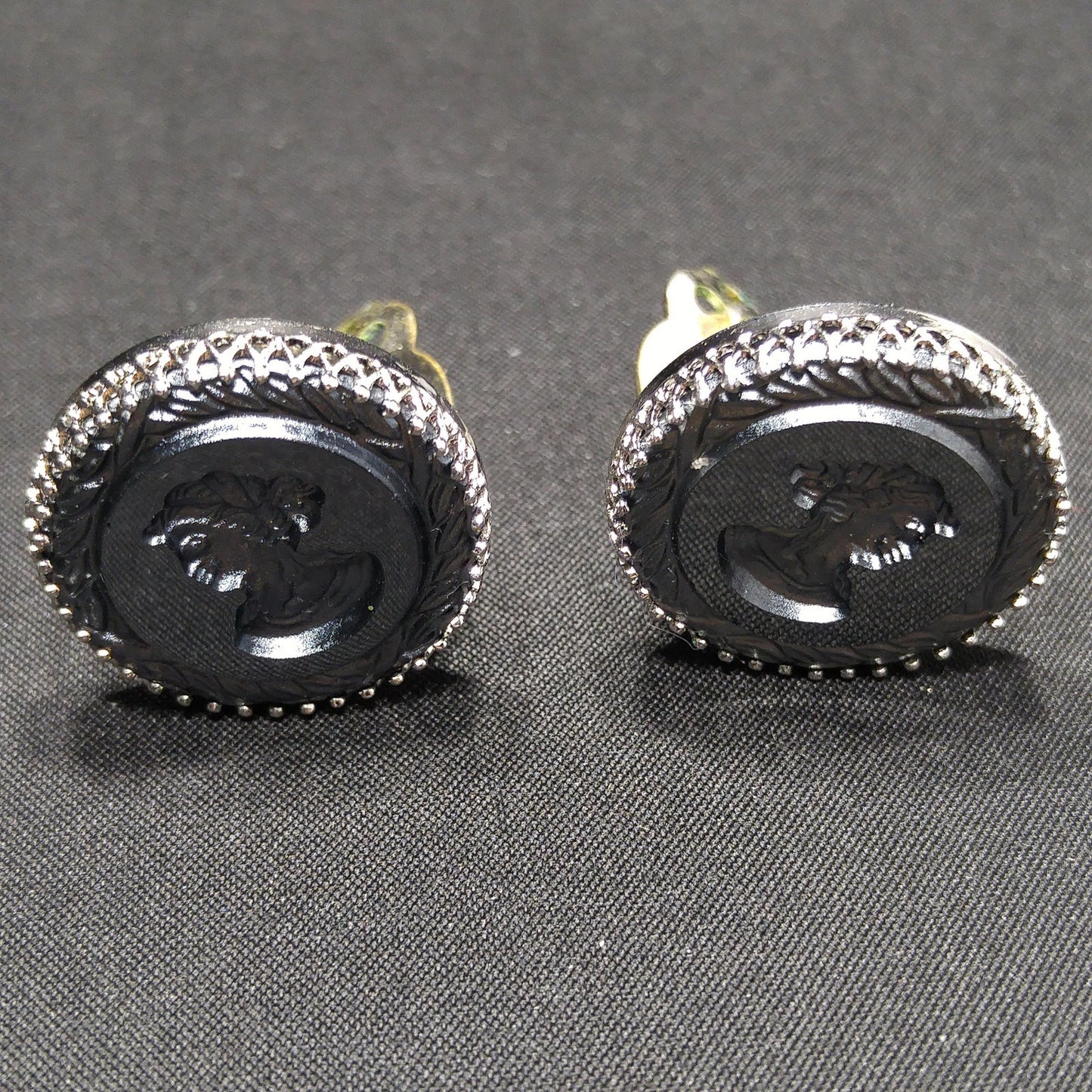 Vintage Whiting & Davis Cameo Clip Earrings, Reverse Intaglio, Silver Tone