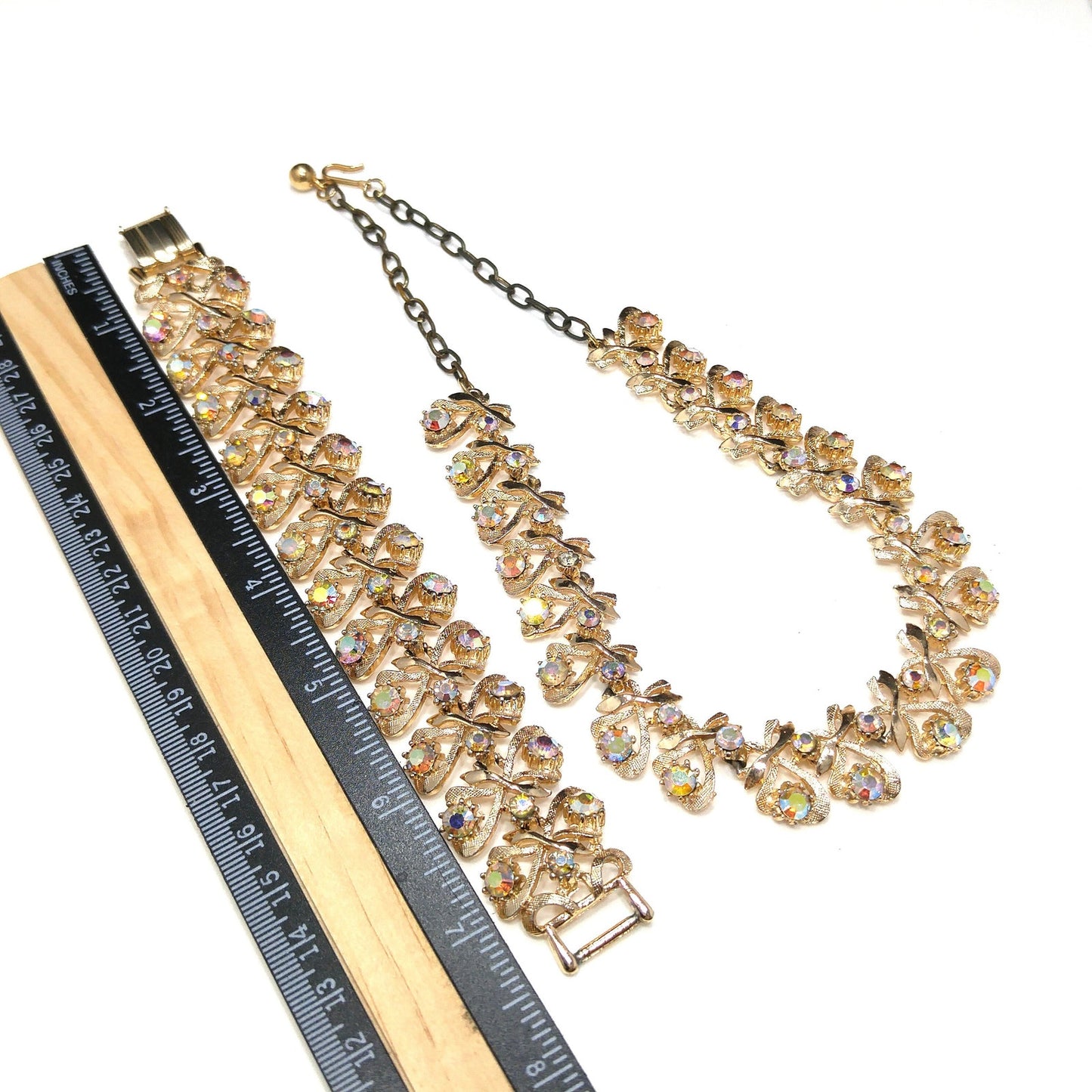 Arthur Pepper "Art" Necklace & Bracelet, Aurora Borealis Rhinestones, 1960s Vintage Jewelry