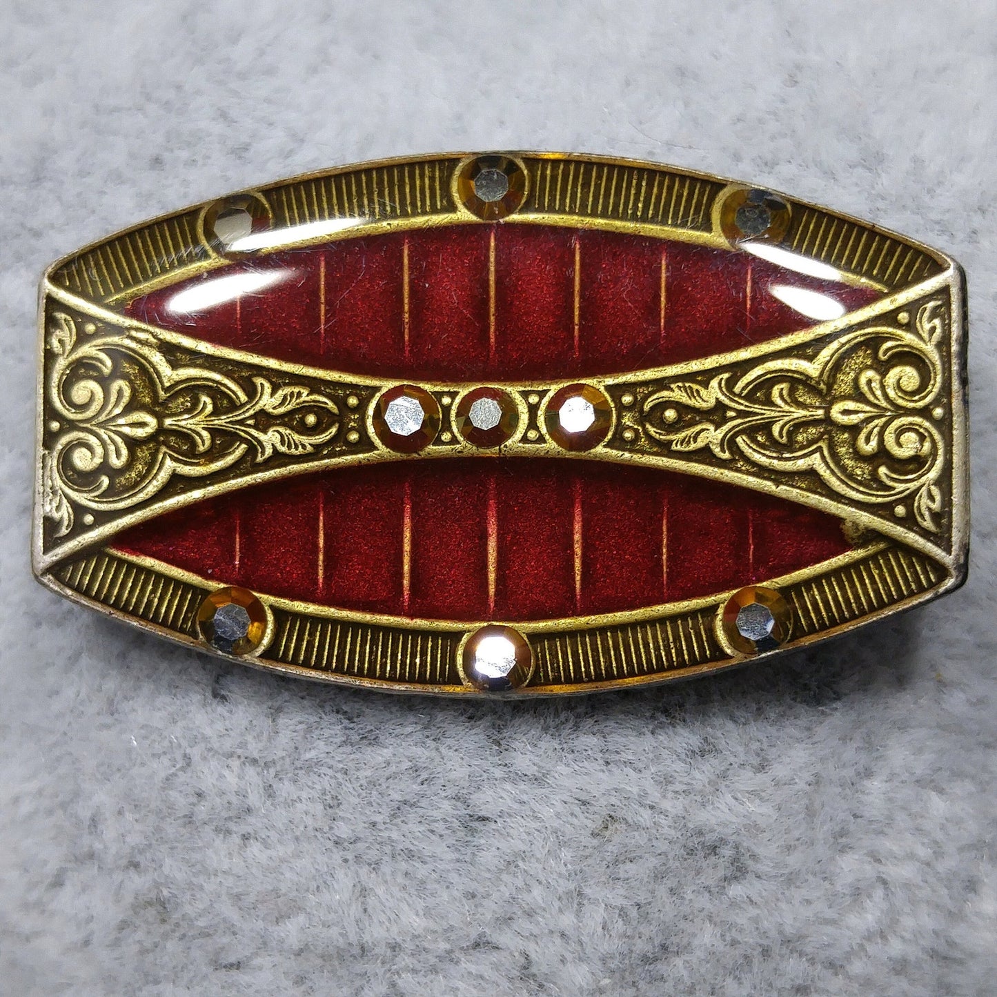 Catherine Popesco Red Enamel Art Deco Brooch, Rhinestones Under Enamel, France, 1980s Vintage Jewelry