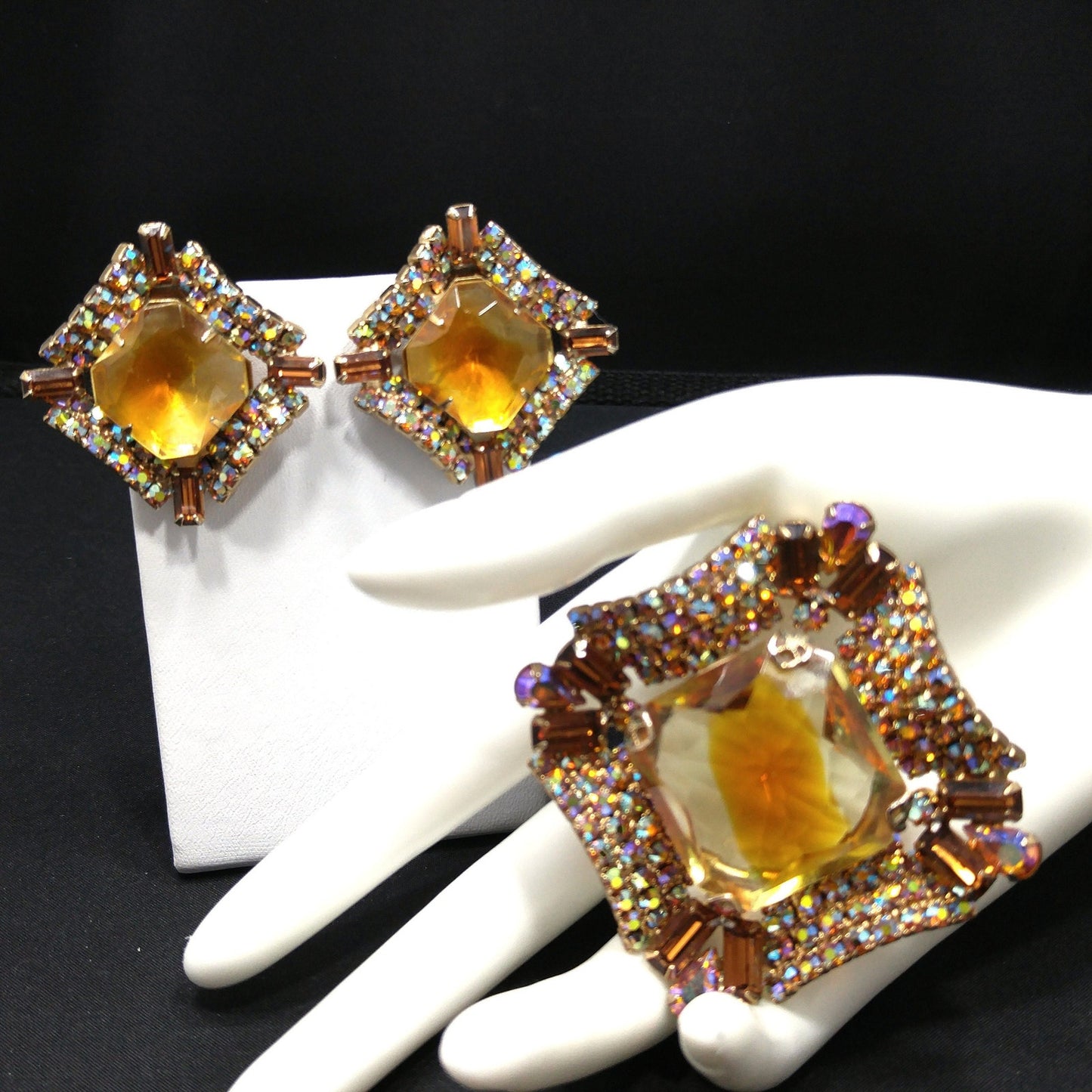 Mid-Century Modern Large Topaz Glass Brooch & Earrings, Gold Plated, 1960s Vintage Jewelry