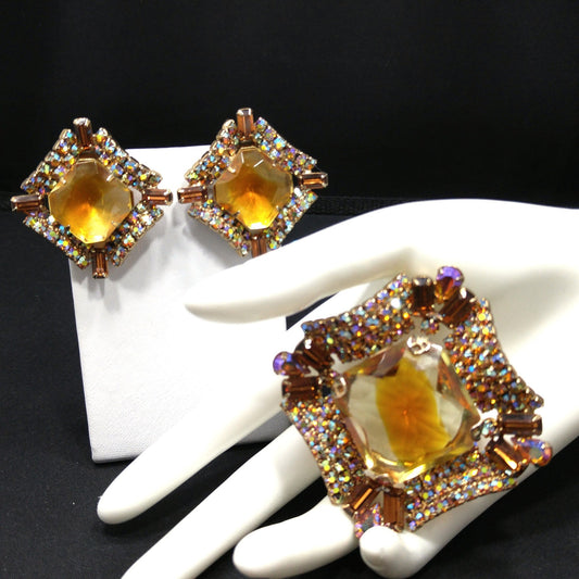 Mid-Century Modern Large Topaz Glass Brooch & Earrings, Gold Plated, 1960s Vintage Jewelry