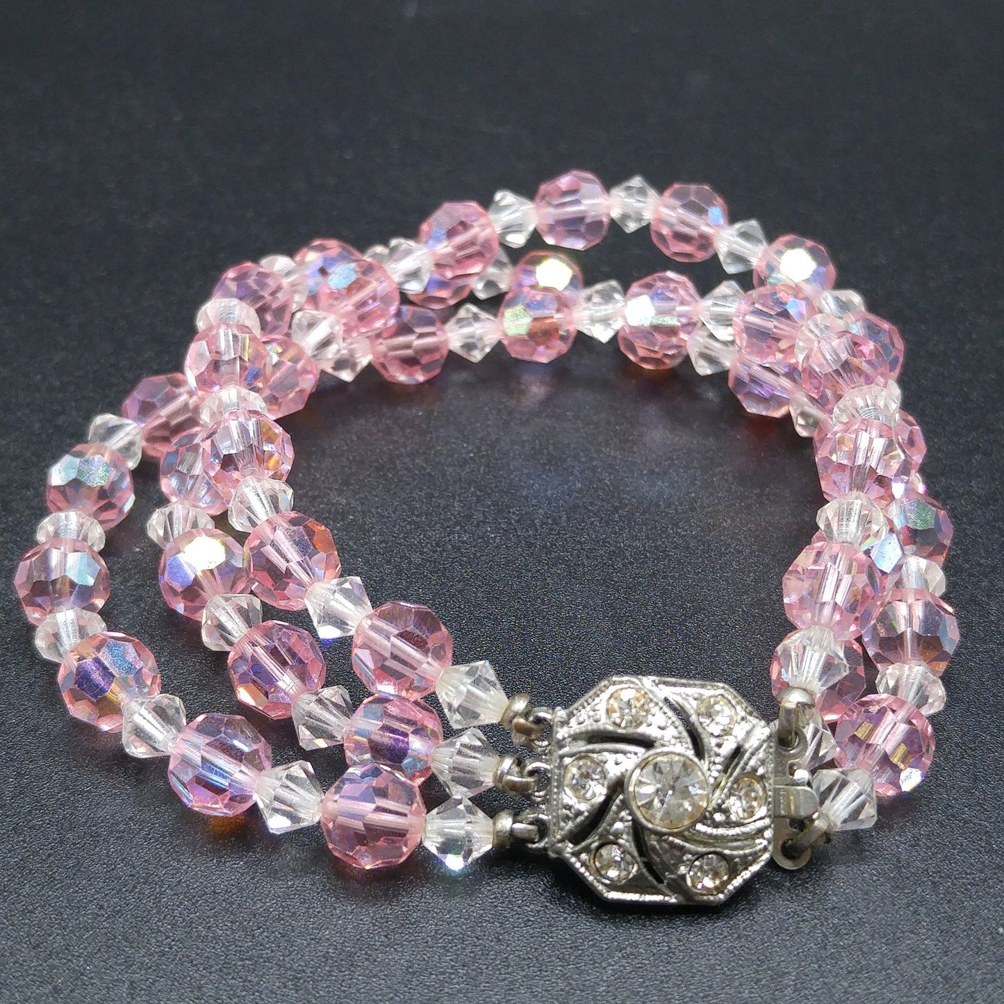 Pink Crystal Beaded Bracelet, Three Strands, Rhinestone Clasp, 1950s Vintage Jewelry