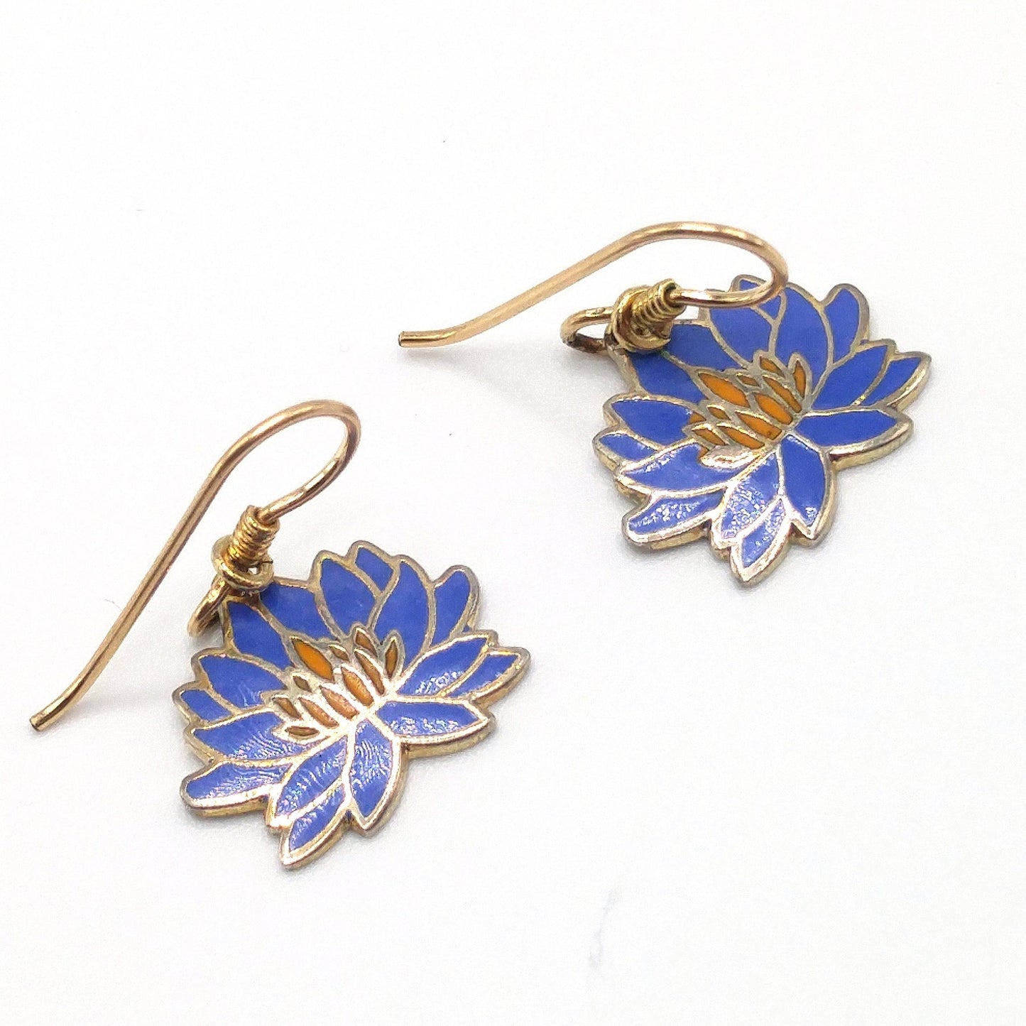 Vintage Laurel Burch Blue Orange Lily Earrings, Enamel Cloisonne, Gold Plated