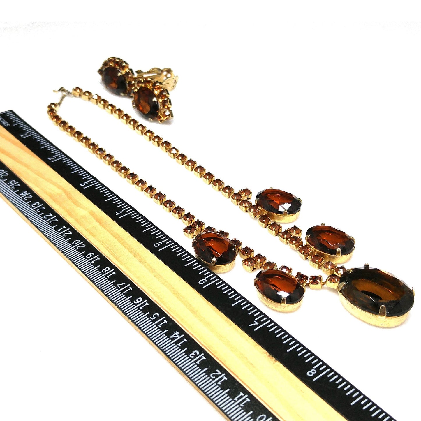 Vintage Topaz Rhinestone Necklace & Earrings, Large Faceted Rhinestones, 1960s Vintage Jewelry