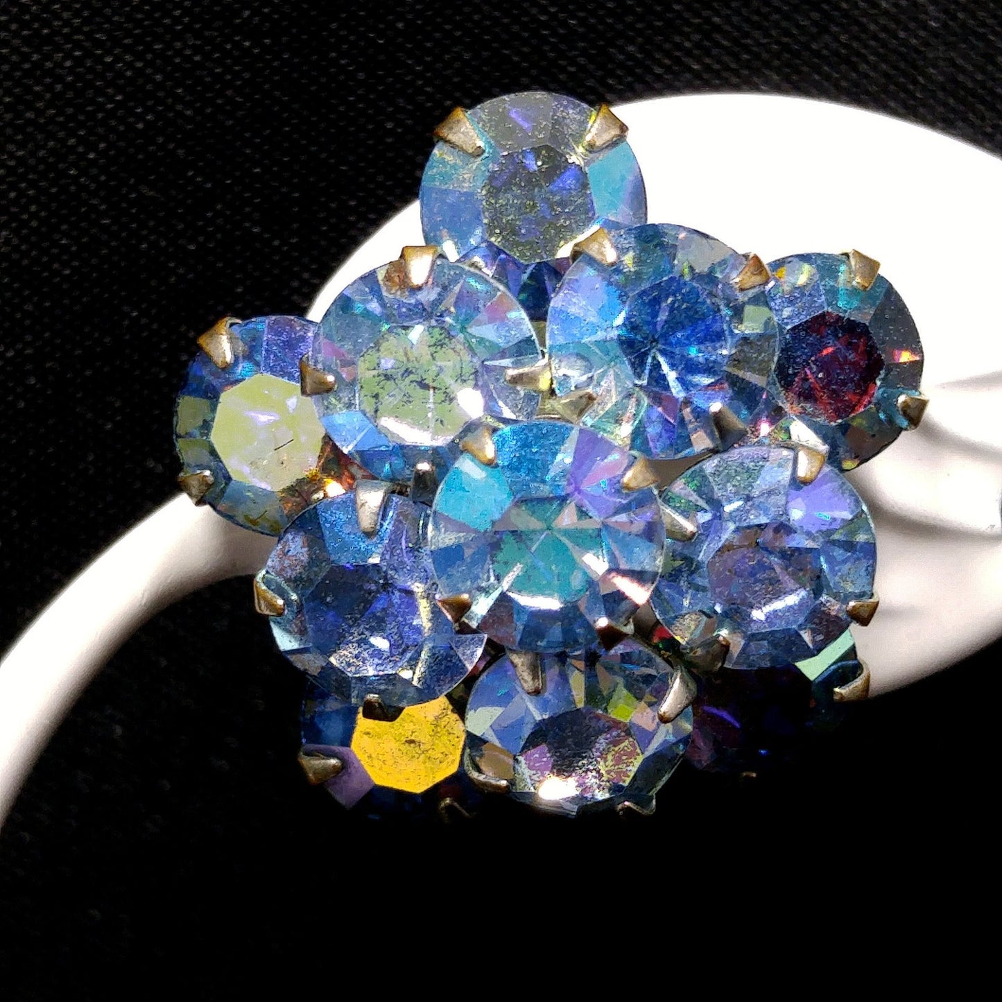 Weiss Blue Aurora Borealis Earrings, Screw Back Gold Plated, 1950s Vintage