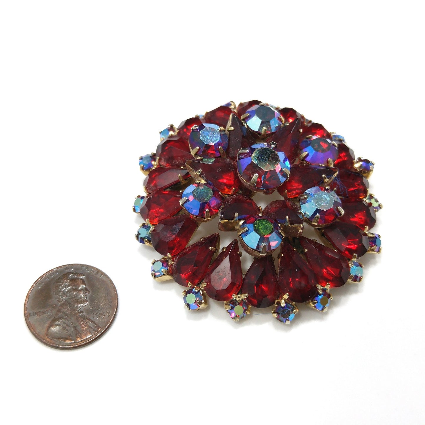 Ruby Red Rhinestone Brooch, Aurora Borealis, Gold Plated, 1960s Vintage Jewelry