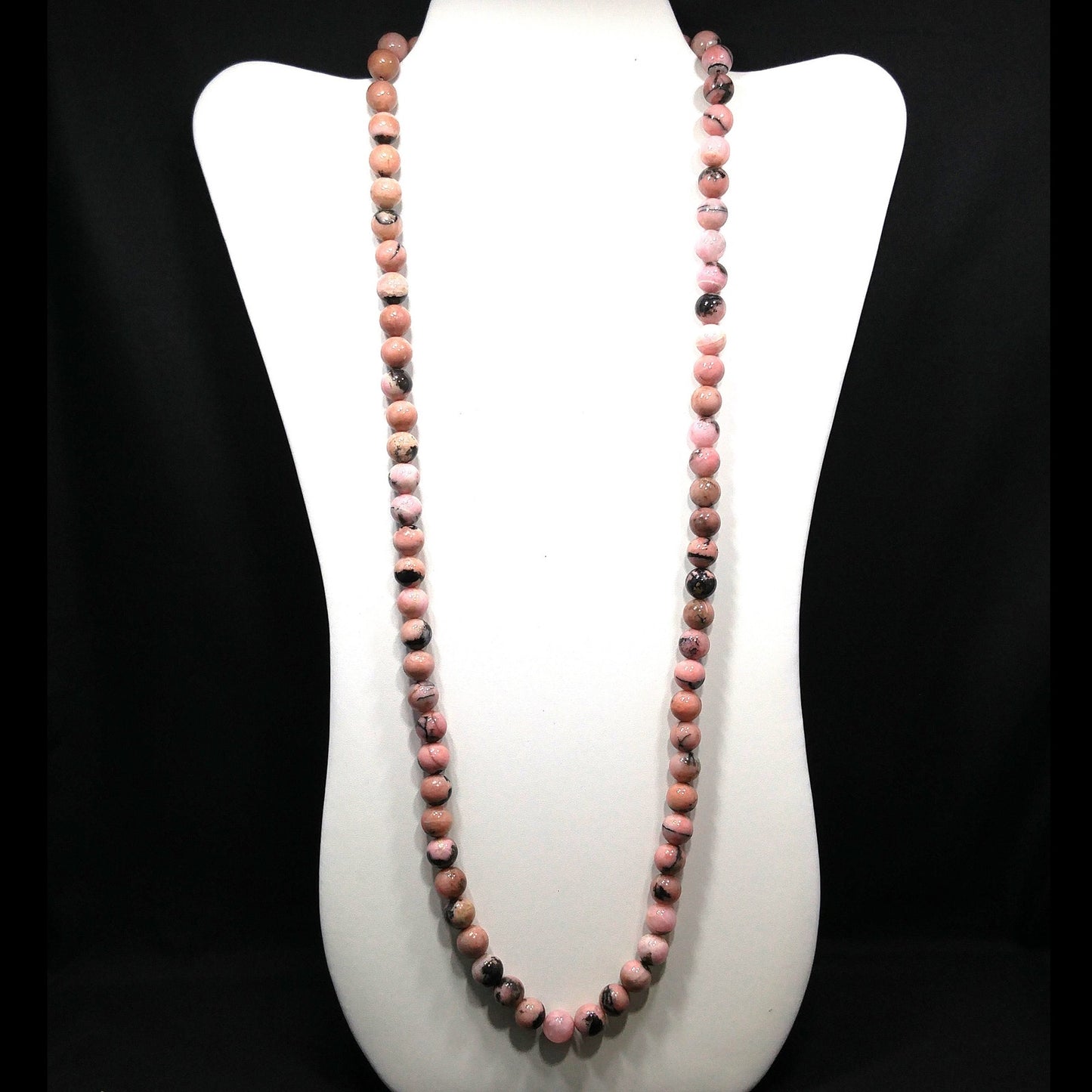 Pink Black Gemstone Beaded Necklace, Rhodonite 10mm Beads, 1970s Vintage Jewelry