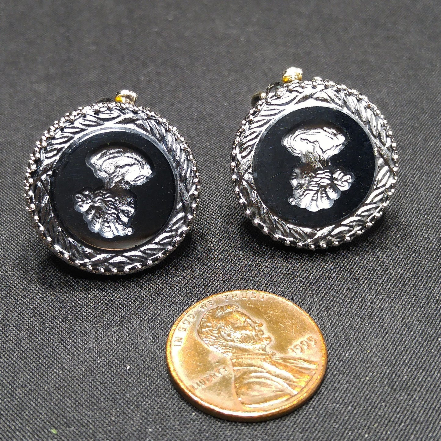 Vintage Whiting & Davis Cameo Clip Earrings, Reverse Intaglio, Silver Tone