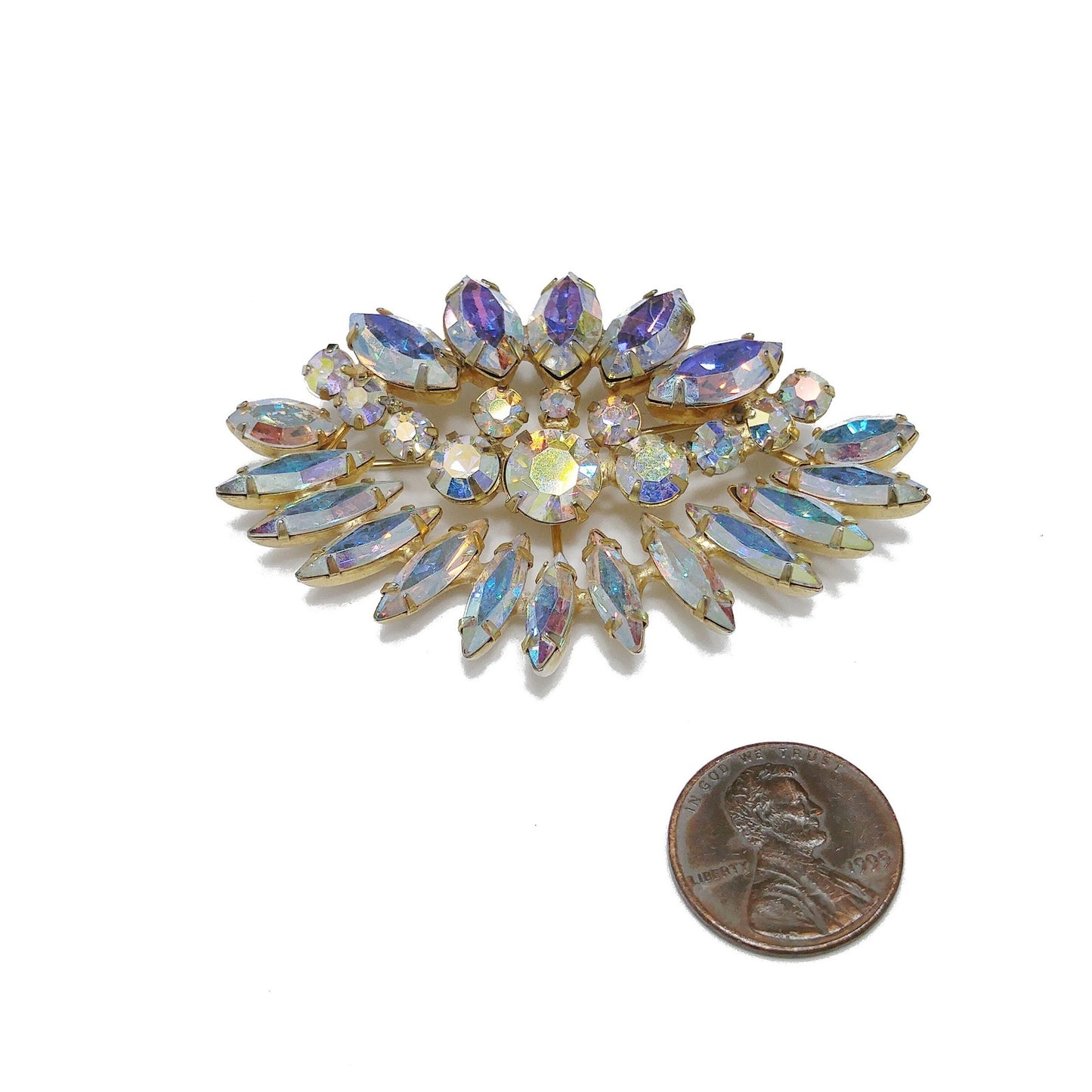 Clear Aurora Borealis Floral Brooch, Wedding Bridal Bouquet, 1960s Vintage Jewelry