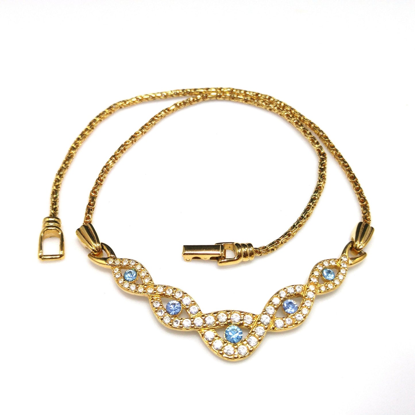 Vintage Swarovski Choker Necklace – Light Blue & Clear Crystals, Gold Plated, 1990s