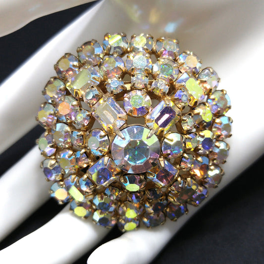 Aurora Borealis Clear Rhinestone Domed Brooch, 1960s Vintage Jewelry
