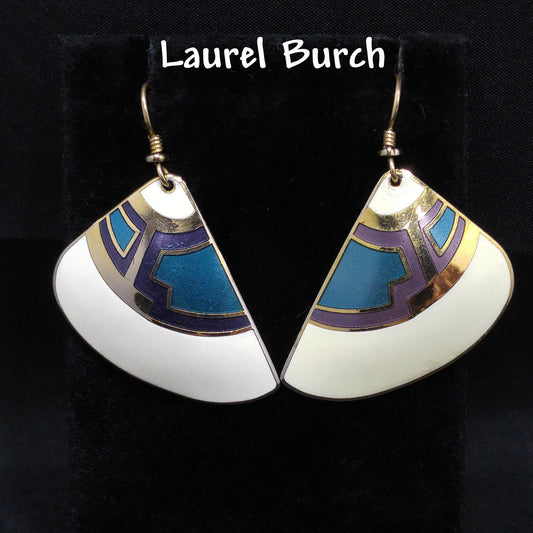 Laurel Burch White Purple Blue Enamel Fan Earrings, Gold Plated Cloisonne, 1980s Vintage Jewelry