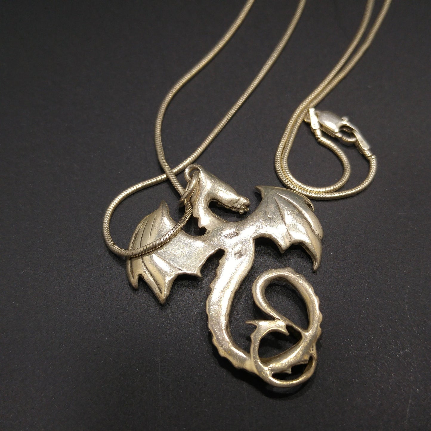 Silver Dragon Pendant Necklace, 925 Italy Snake Chain, 1970s Vintage Jewelry