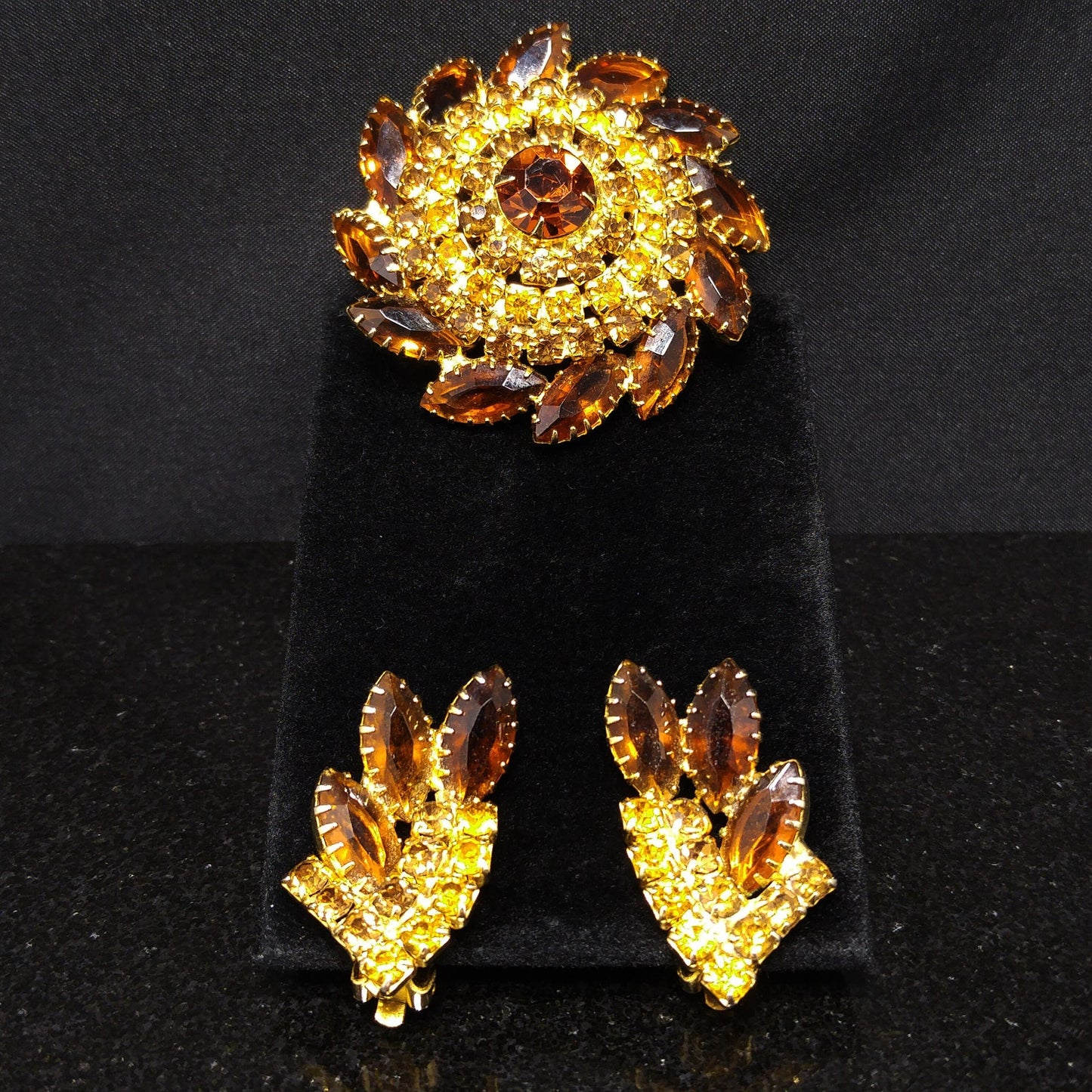 Domed Topaz Rhinestone Brooch & Earrings Set, Gold Plated, 1960s