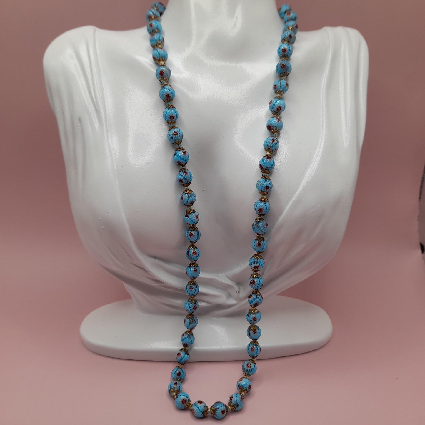 Vintage Murano Glass Floral Bead Necklace, 24 Inches, Hand-knotted, 1950s