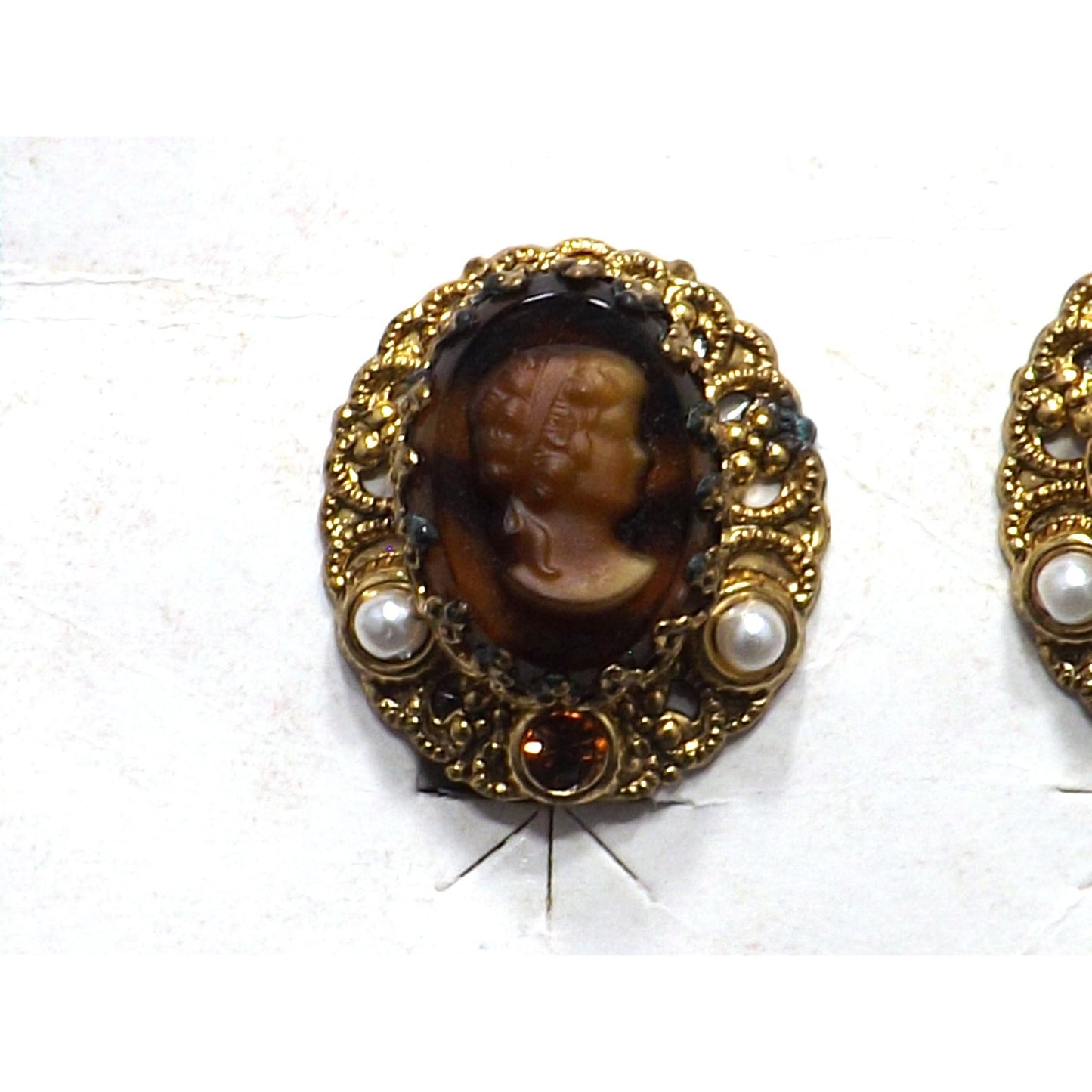 West Germany Cameo Clip Earrings, Original Card, Faux Pearls, 1950s Vintage Jewelry