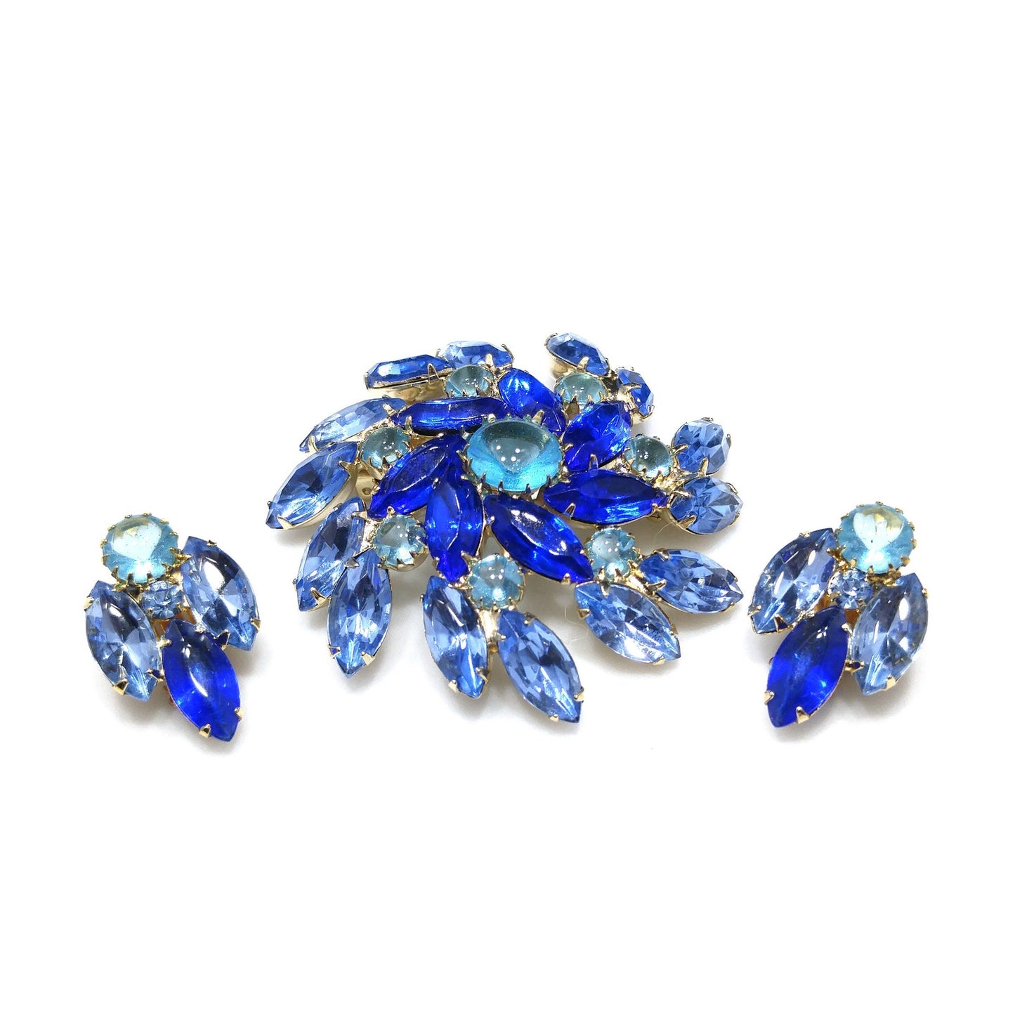 Blue Light Dark Rhinestones Pinwheel Brooch & Earrings, Gold Plated, 1960s Vintage Jewelry