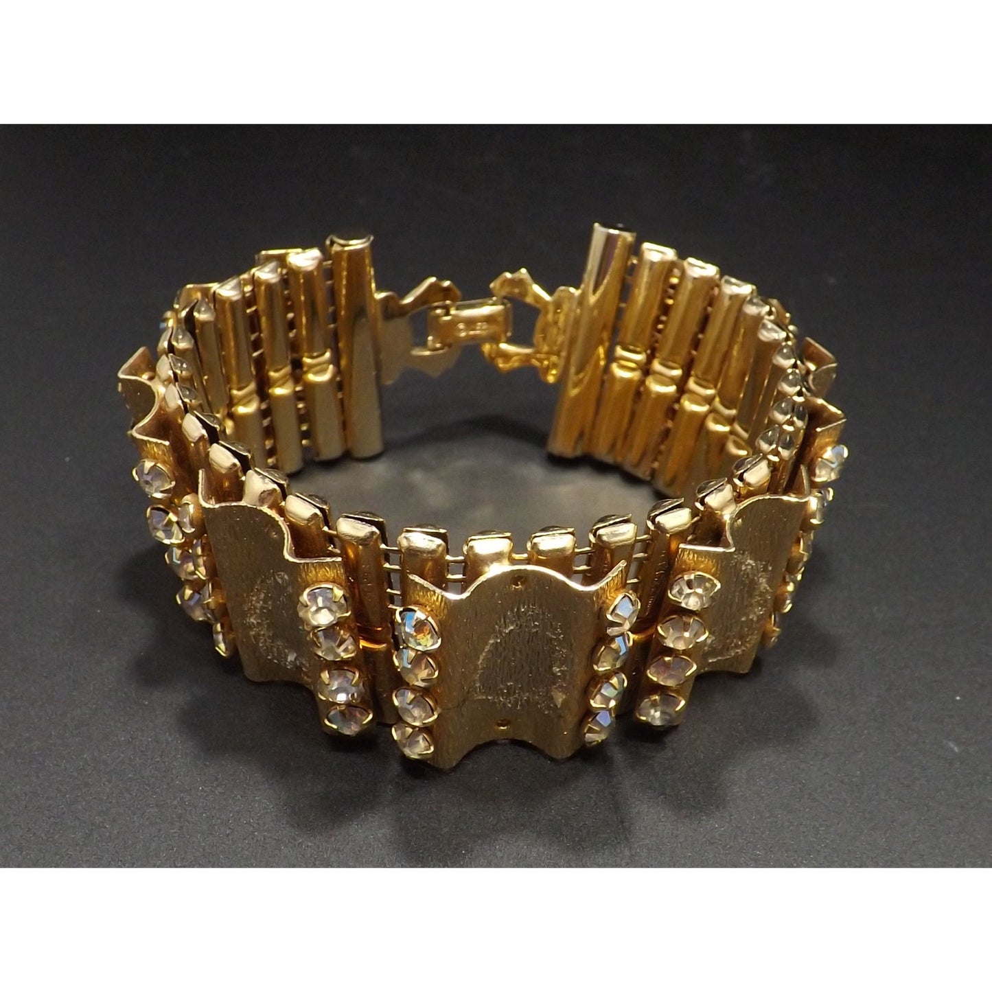 Vintage LERU Aurora Borealis Rhinestone Bracelet, Gold Plate Mid-Century, 7 1/8"