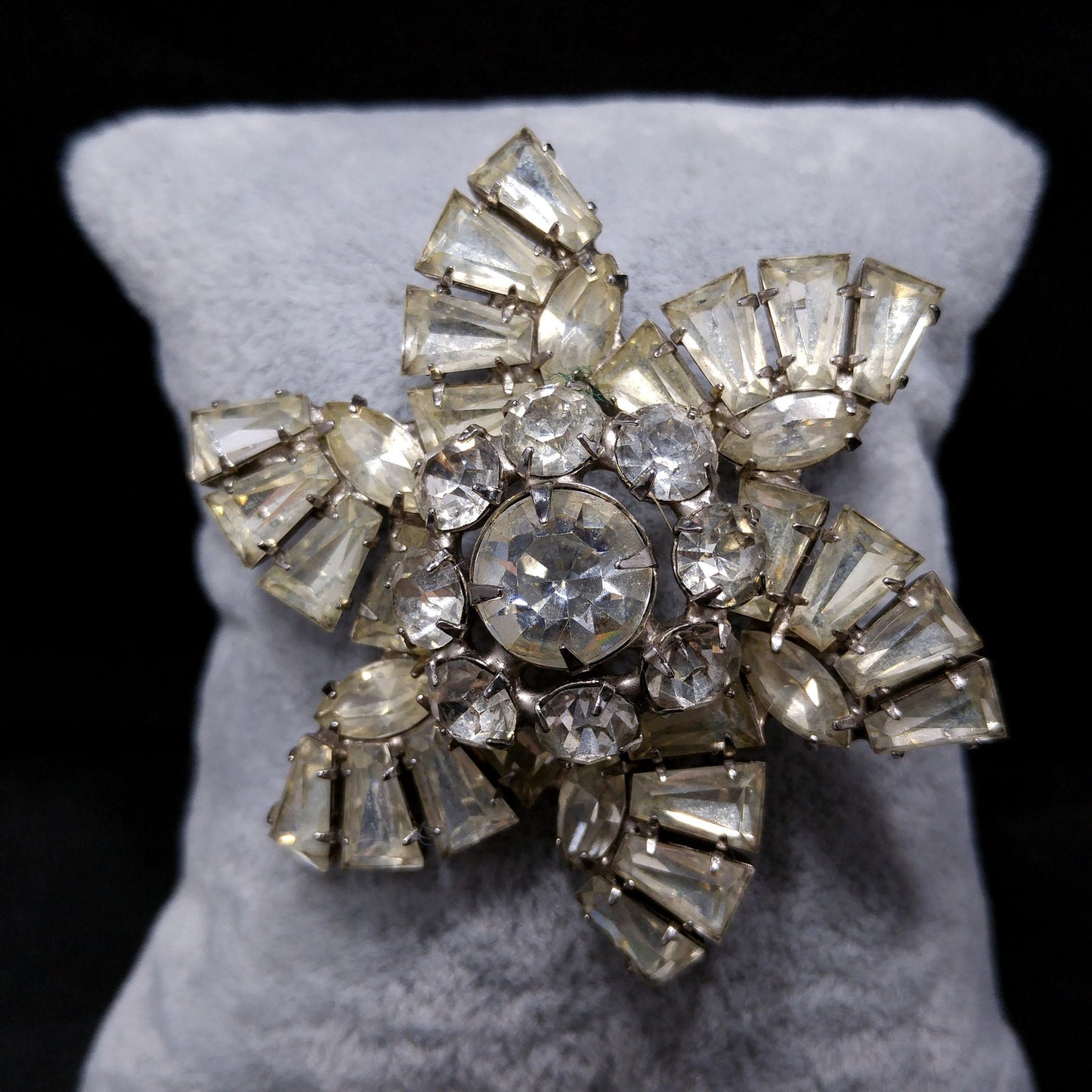 Mid Century Pinwheel Brooch, Clear Rhinestones, Rhodium Plated, 1950s Vintage Jewelry