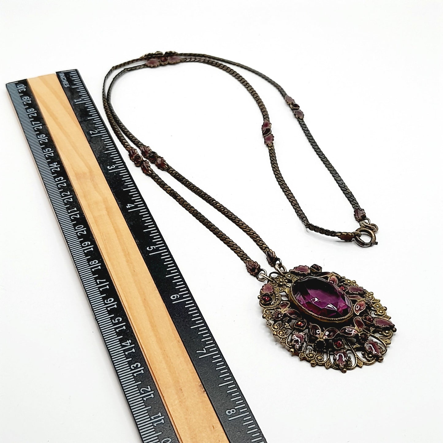 Antique Victorian Purple Glass Enamel Filigree Pendant Necklace, 27 Inches