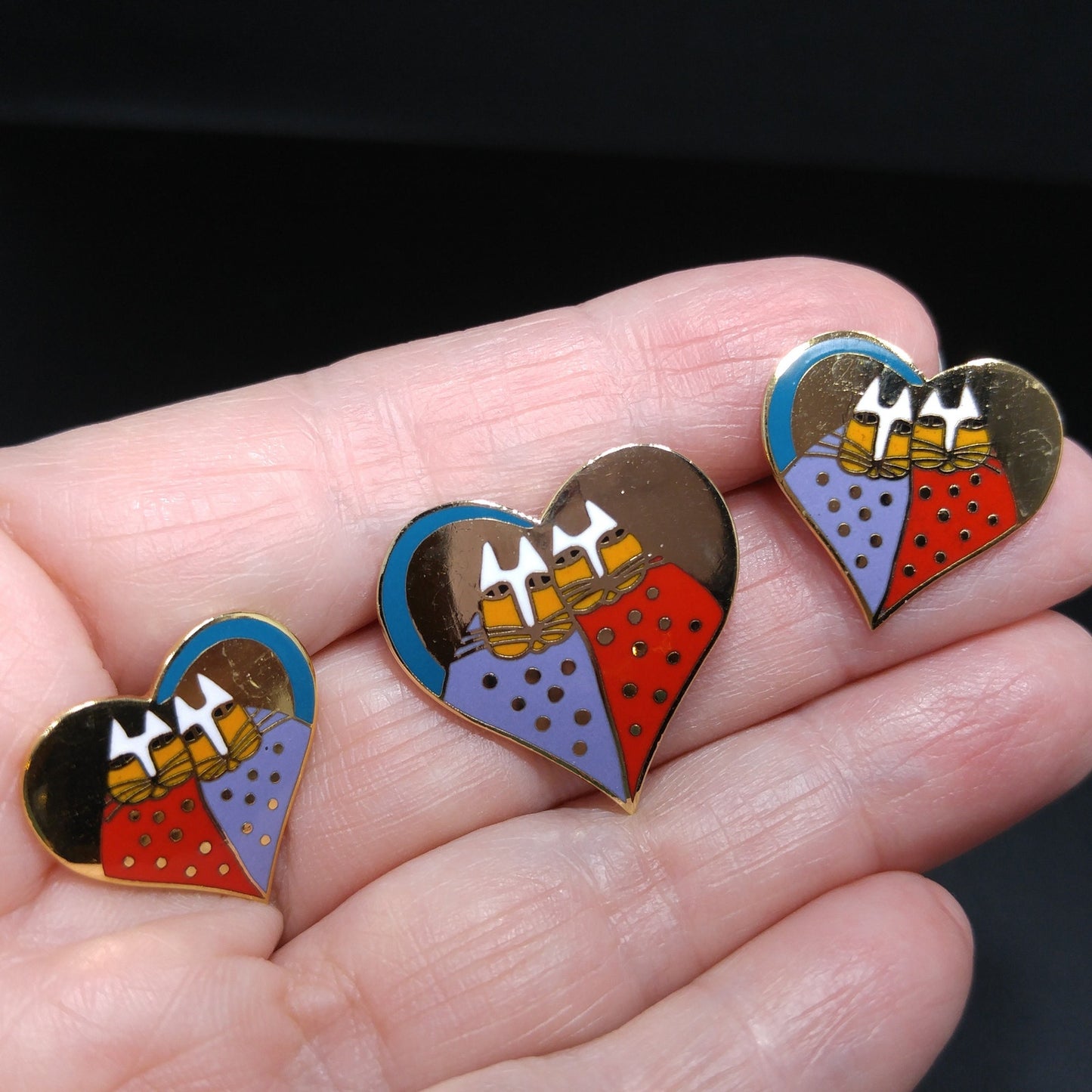 Laurel Burch "Valentine Cats" Brooch & Earrings, Gold Plated, Cloisonné Enamel, 1980s Vintage Jewelry
