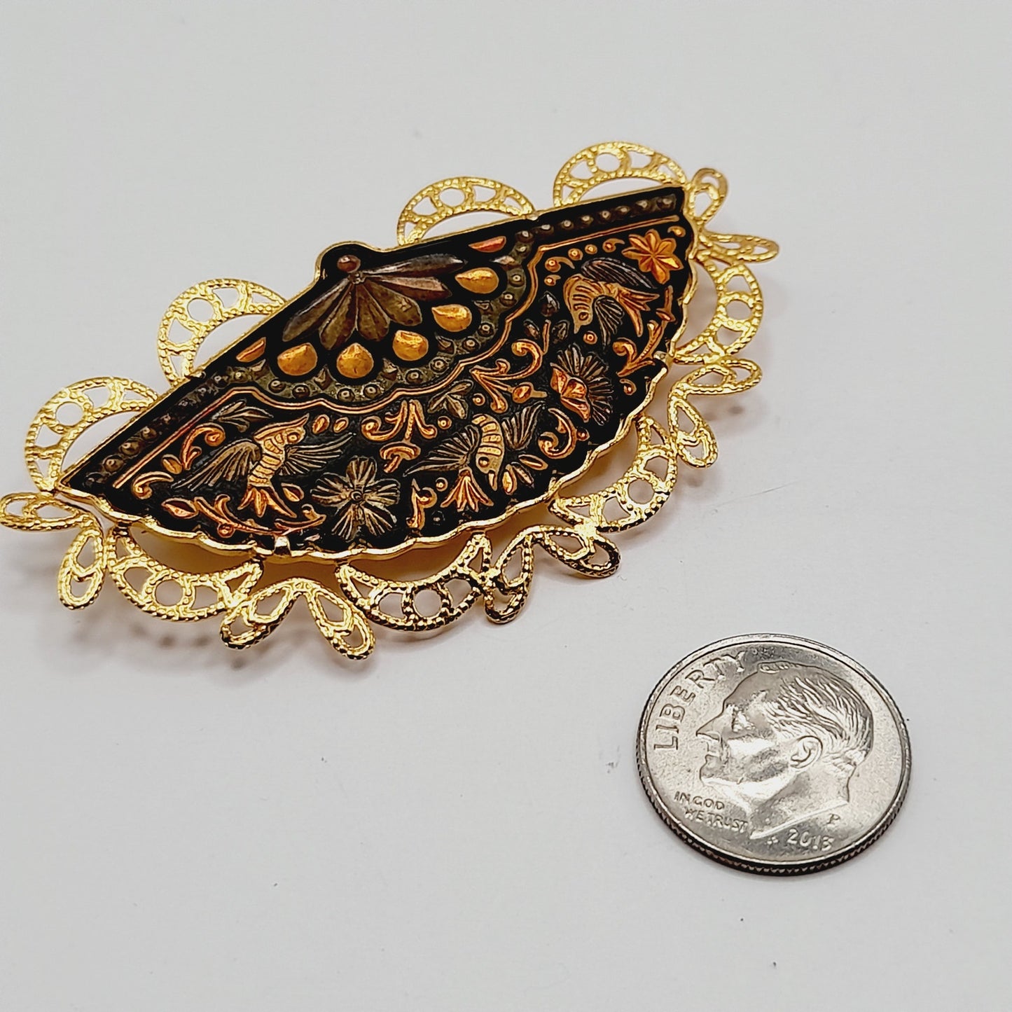 Vintage Damascene Fan Brooch Gold Black Filigree Pin 2.5 Inch