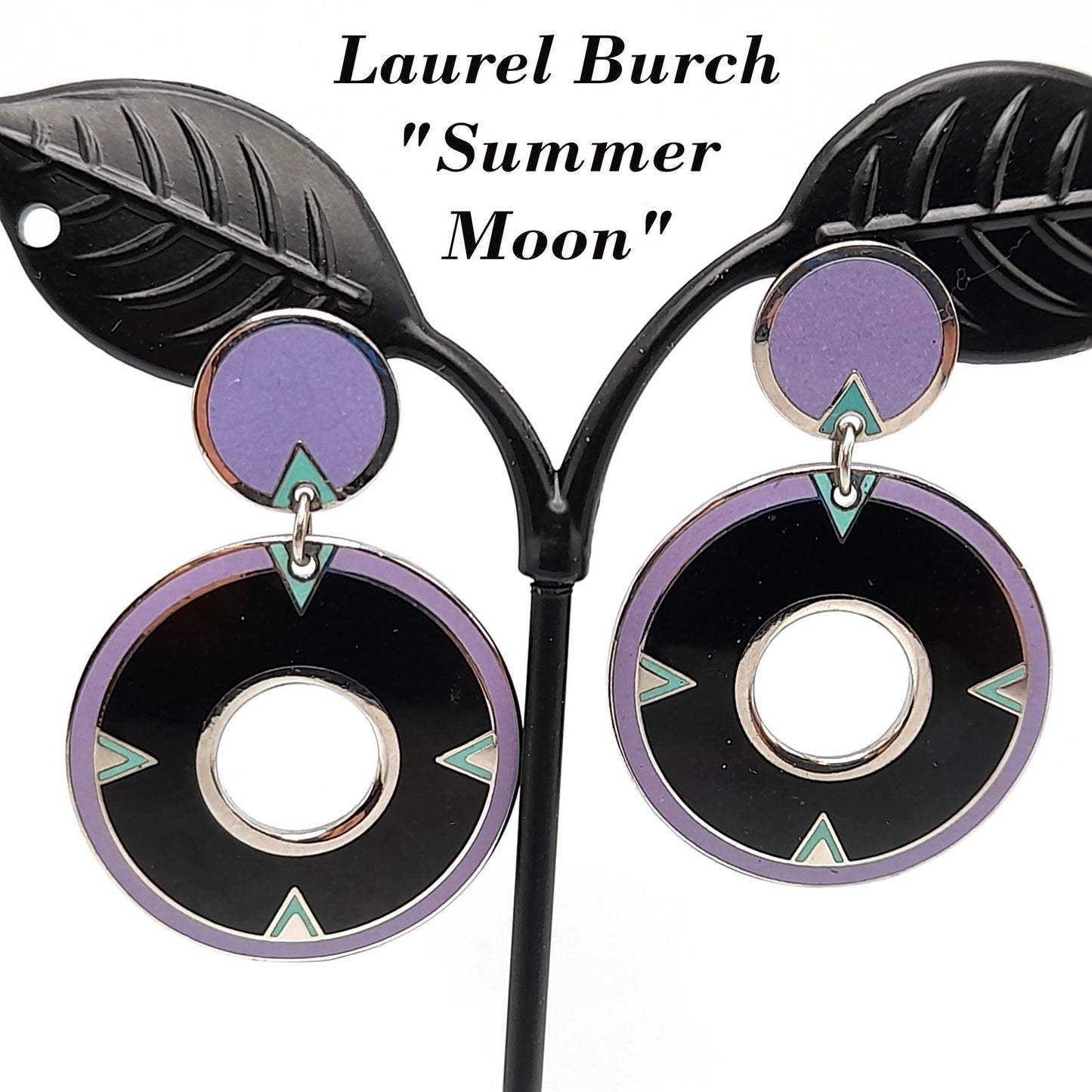 Laurel Burch "Summer Moon" Drop Earrings, Cloisonne Enamel, Rhodium Plate, Rare 1980s Vintage Jewelry