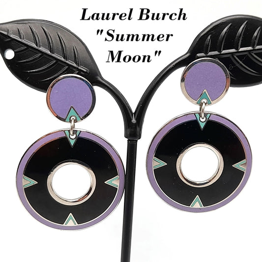 Laurel Burch "Summer Moon" Drop Earrings, Cloisonne Enamel, Rhodium Plate, Rare 1980s Vintage Jewelry