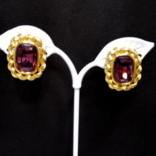 Swarovski S.A.L. Earrings, Purple Crystal Clip Ons, Gold Rope Design, 1970s Vintage Jewelry