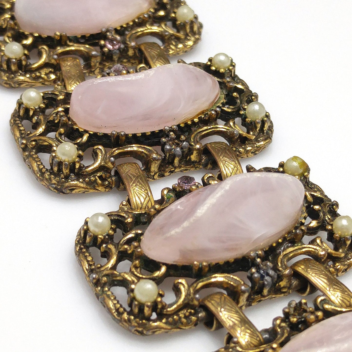 Vintage Chunky Art Glass Wide Bracelet, Pink Glass, 1940s 1950s Vintage Jewelry