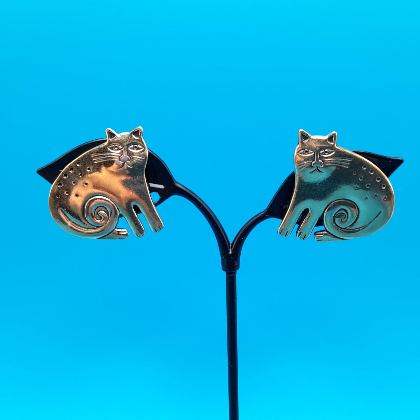 Vintage Laurel Burch Gold Plated Cat Earrings, Clip-on Earrings