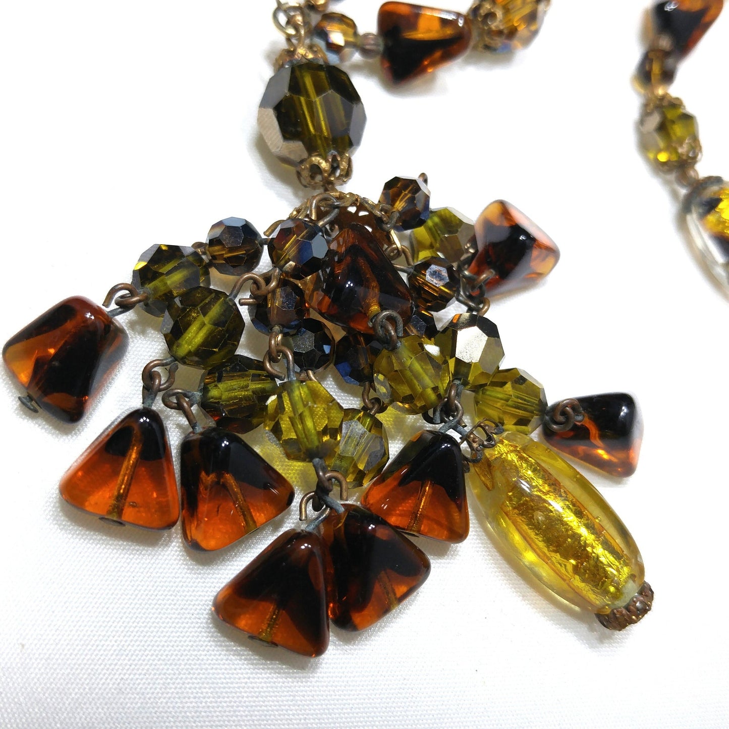 Gold Foil Art Glass Autumn Beaded Necklace, Multi-strand Tassel, 1970s Vintage Jewelry